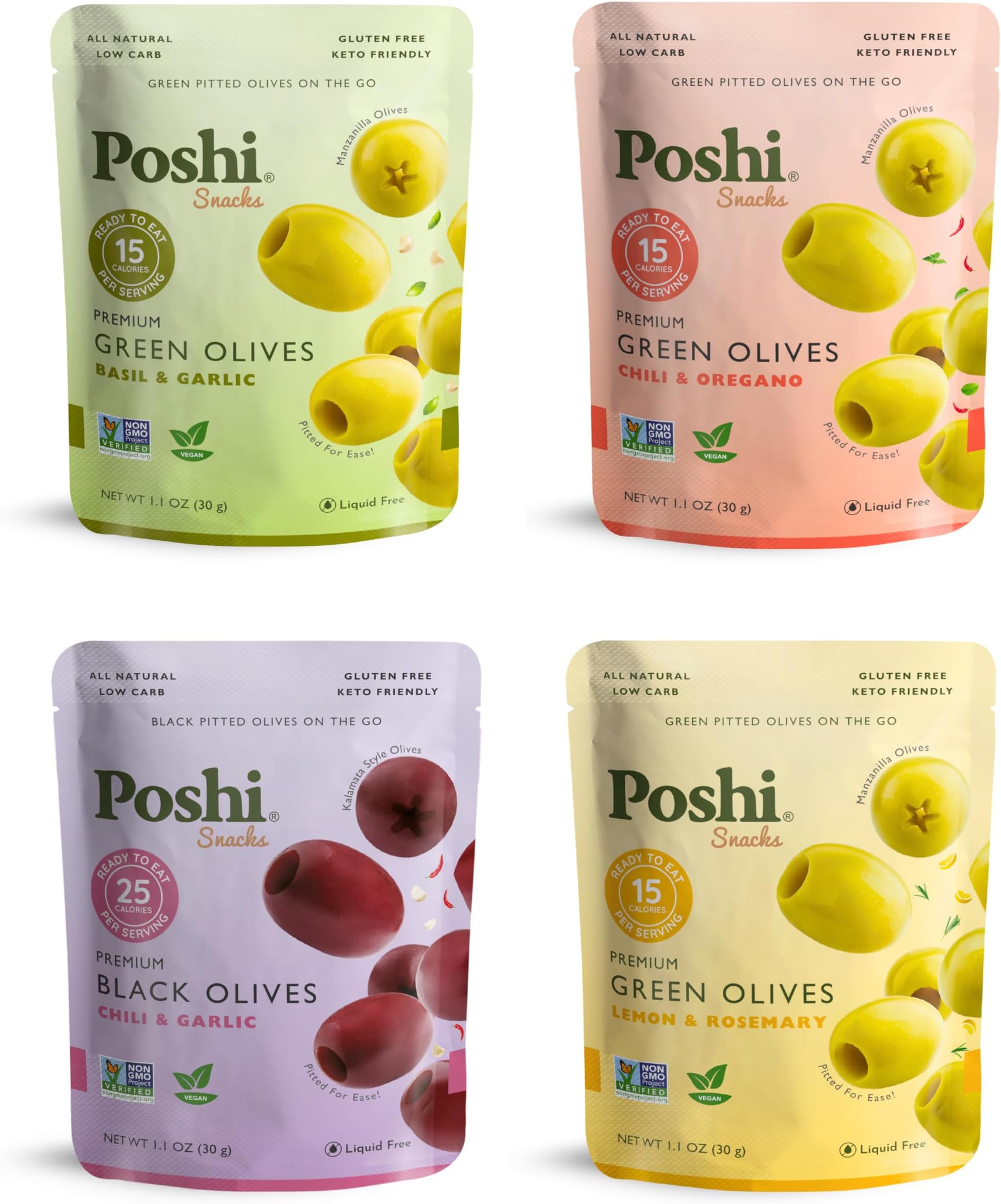 Poshi Natural Whole Pitted Olives | 24 Pack Variety | Basil & Garlic, Chili & Oregano, Chili + Garlic, Lemon & Rosemary | Vegan, Kosher, Gluten Free + Keto Friendly Healthy Snacks, 1.1 Oz (Pack of 24)