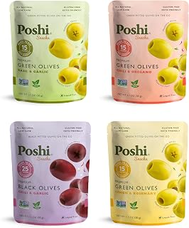 Poshi Natural Whole Pitted Olives | 24 Pack Variety | Basil & Garlic, Chili & Oregano, Chili + Garlic, Lemon & Rosemary | Vegan, Kosher, Gluten Free + Keto Friendly Healthy Snacks, 1.1 Oz (Pack of 24)