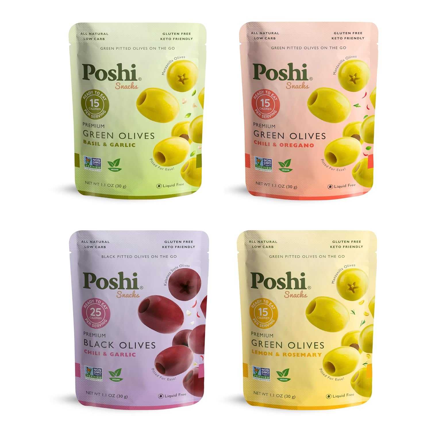 Poshi Green Olives On-The-Go - Original Flavor - Single Serve Pitted Olives - Convenient and Healthy Snack Packs - All Natural, Non-GMO, Kosher, Gluten-Free (Variety, 33 Ounce (Pack of 30))