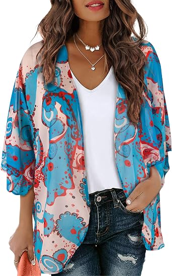 FaroDor Womens Short Sleeve Floral Kimono Cardigan Chiffon Loose Beach Wear Cover Up Tops Small