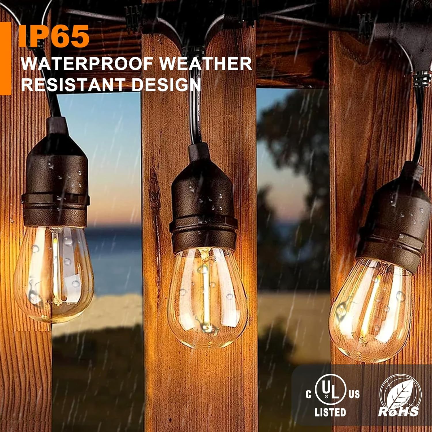 Waterproof Outdoor String Lights - 12Ft Commercial Grade Patio Lights Heavy Duty Light String Hanging Light Fixture with 11W S14 Bulbs for Deckyard Garden Porch Party Decor