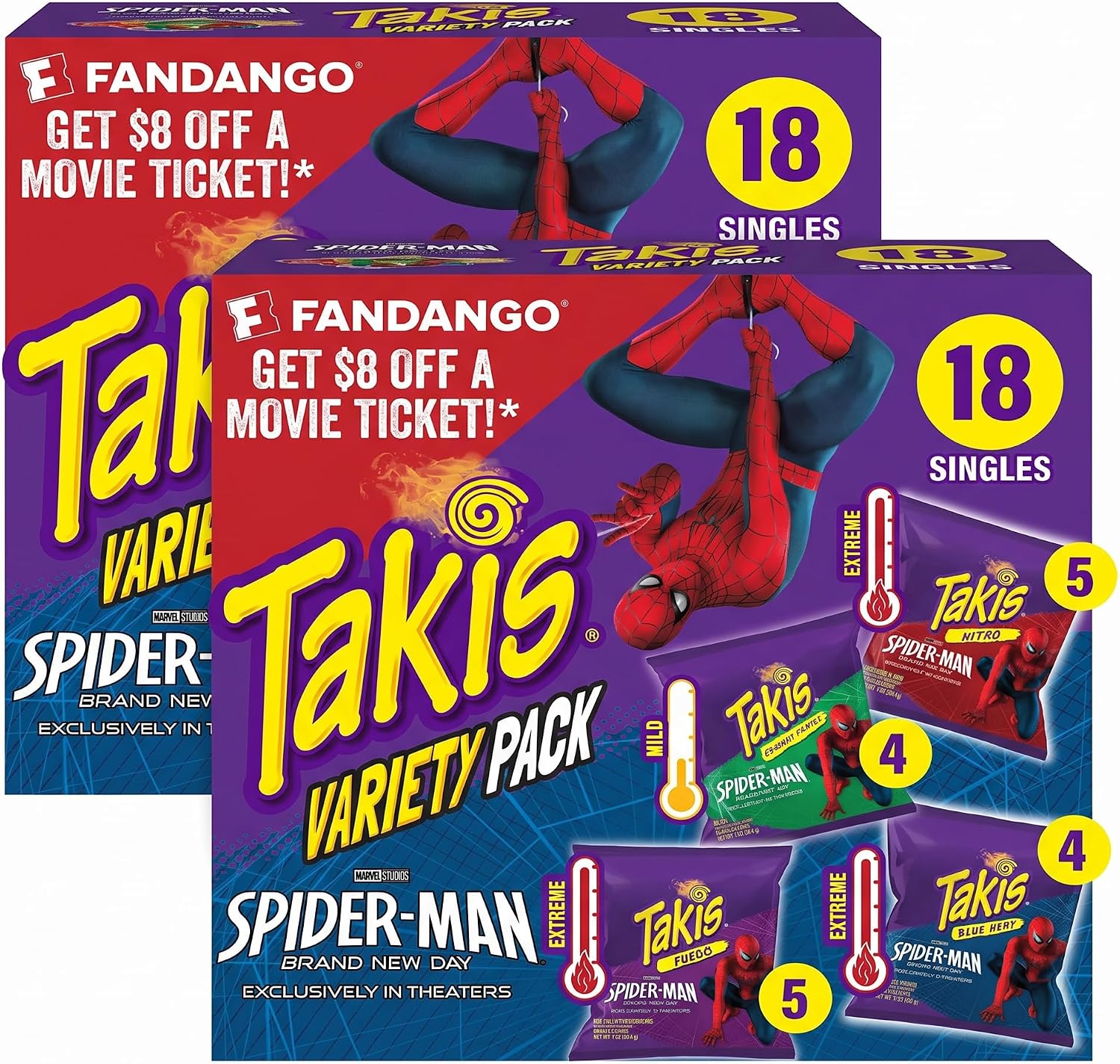 Takis 18 pc / 1 oz Variety Pack, Assorted Flavored Mixed Rolled Tortilla Chips – (5) Fuego, (5) Blue Heat, (4) Nitro, (4) Crunchy Fajitas (Pack of 2)