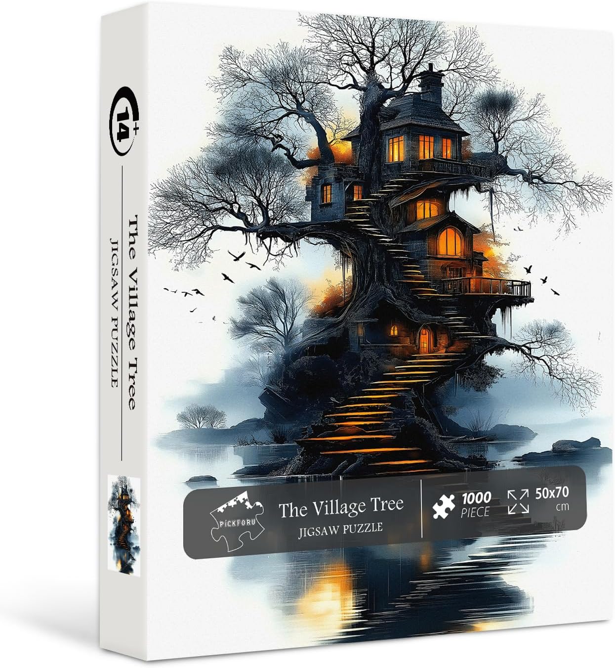 PICKFORU Village Tree Jigsaw Puzzles 1000 Pieces, Mysterious Nature Treehouse Puzzles for Adults, Retro Ink Painting Art Puzzle