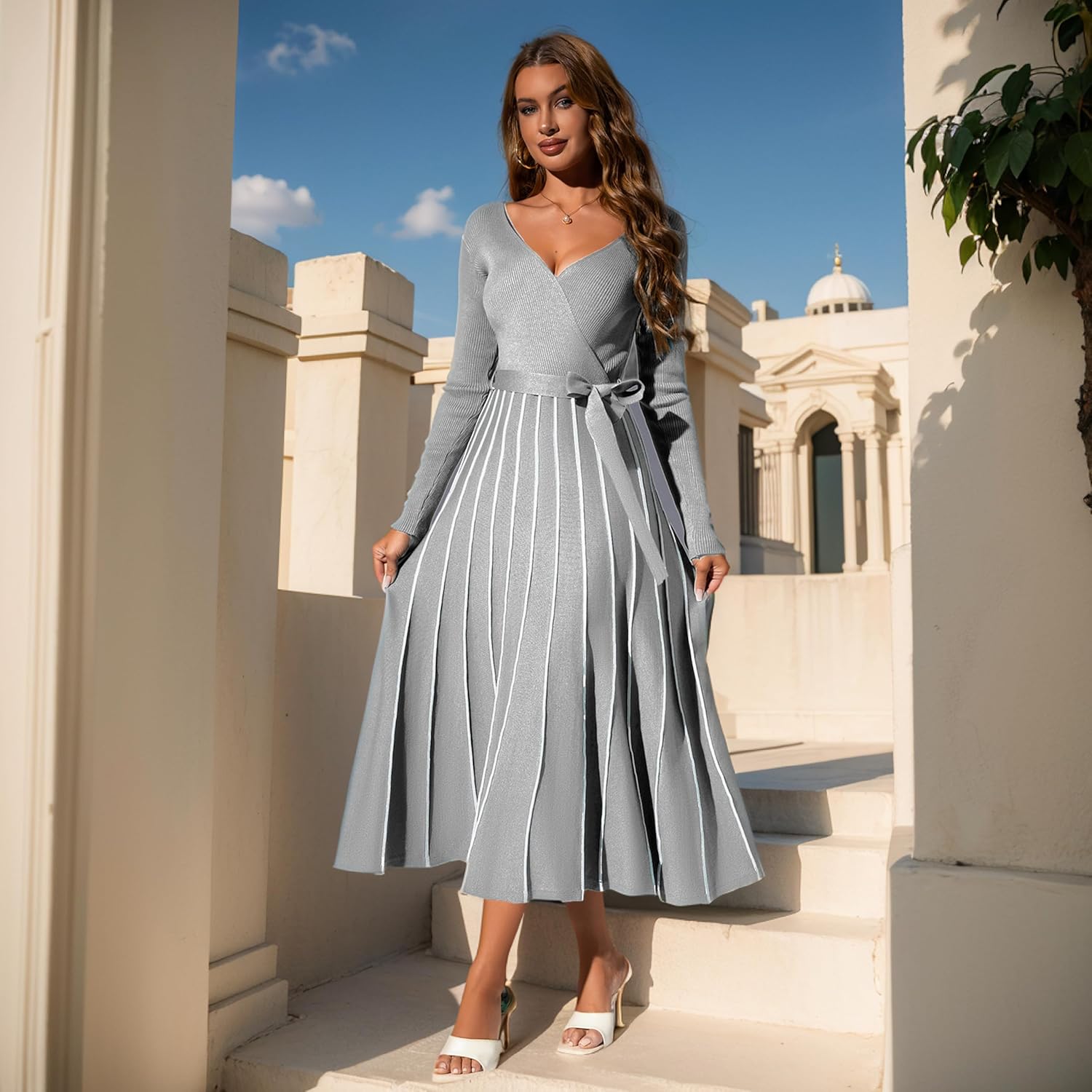 Womens 2025 Spring Autumn V Neck Wrap Dress Long Sleeve Tie Waist Ribbed Knit High Waist A Line Casual Midi Dress - Image 3