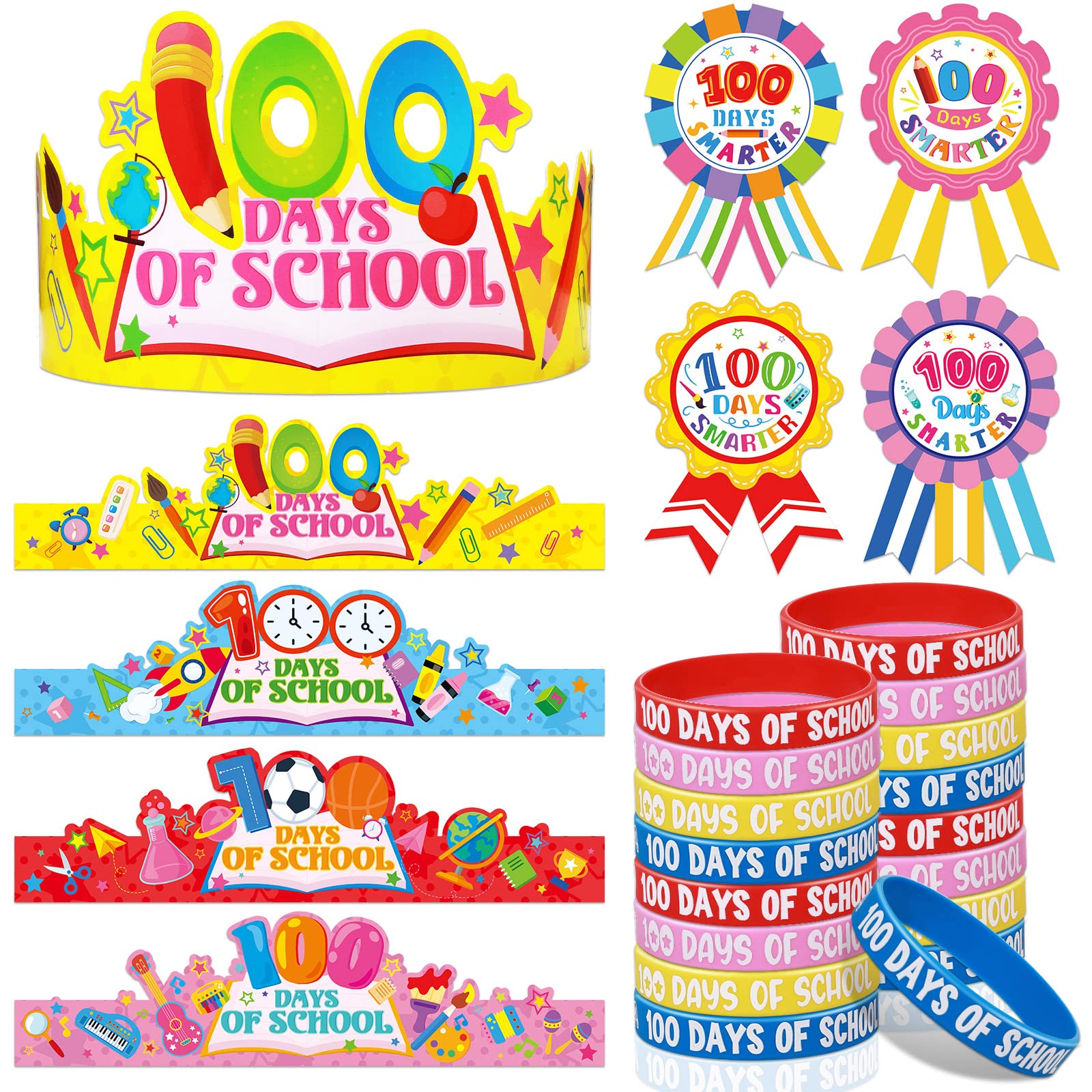 Crtiin 60 Pcs 100 Days of School Party Favors Set Include 20 Paper Crowns 20 Silicone Bracelets and 100 Days Smarter Incentive Badges Stickers for Kids 100th Day of School Classroom Supply Rewards