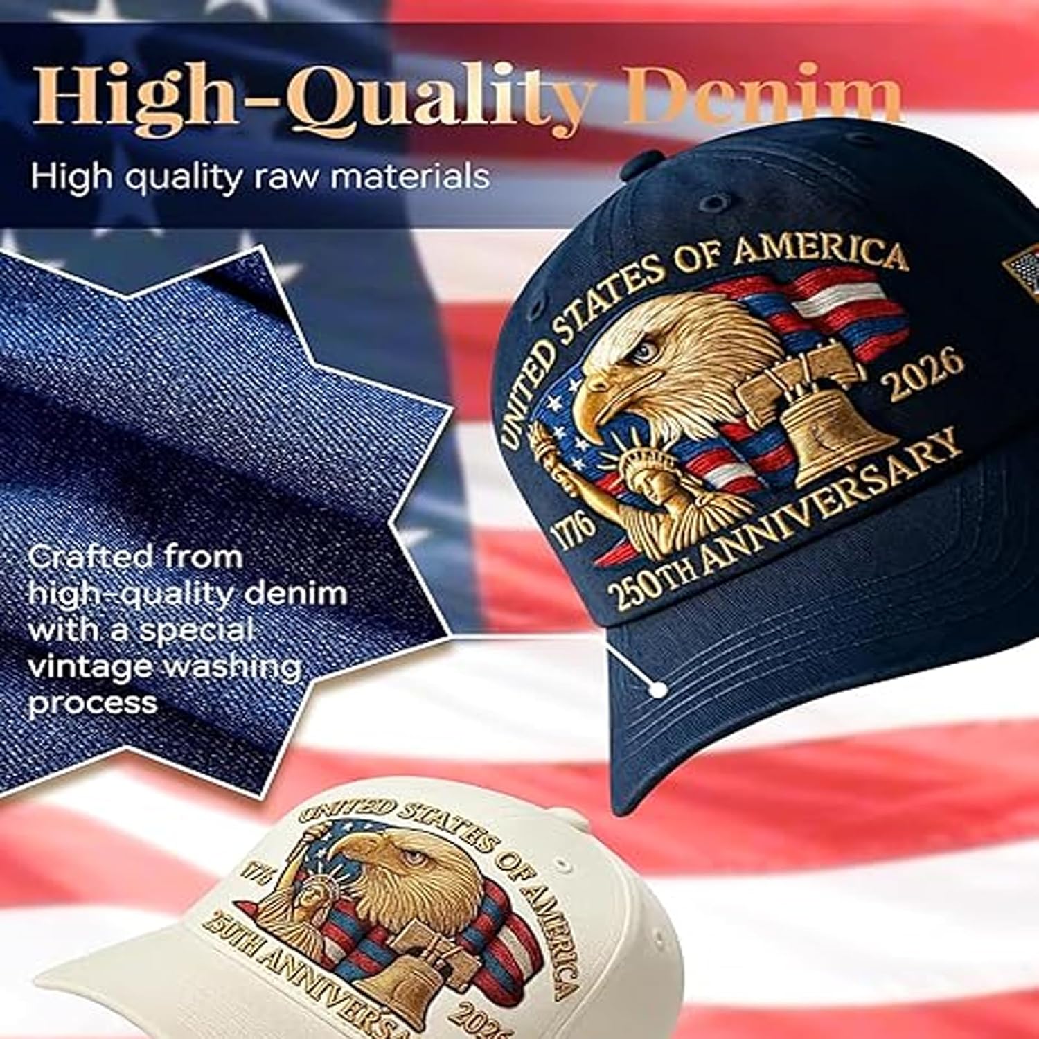 US 250th Anniversary Baseball Cap - Patriotic Eagle Embroidered Cap, Adjustable Cotton Baseball Cap for Both Men and Women - Image 6