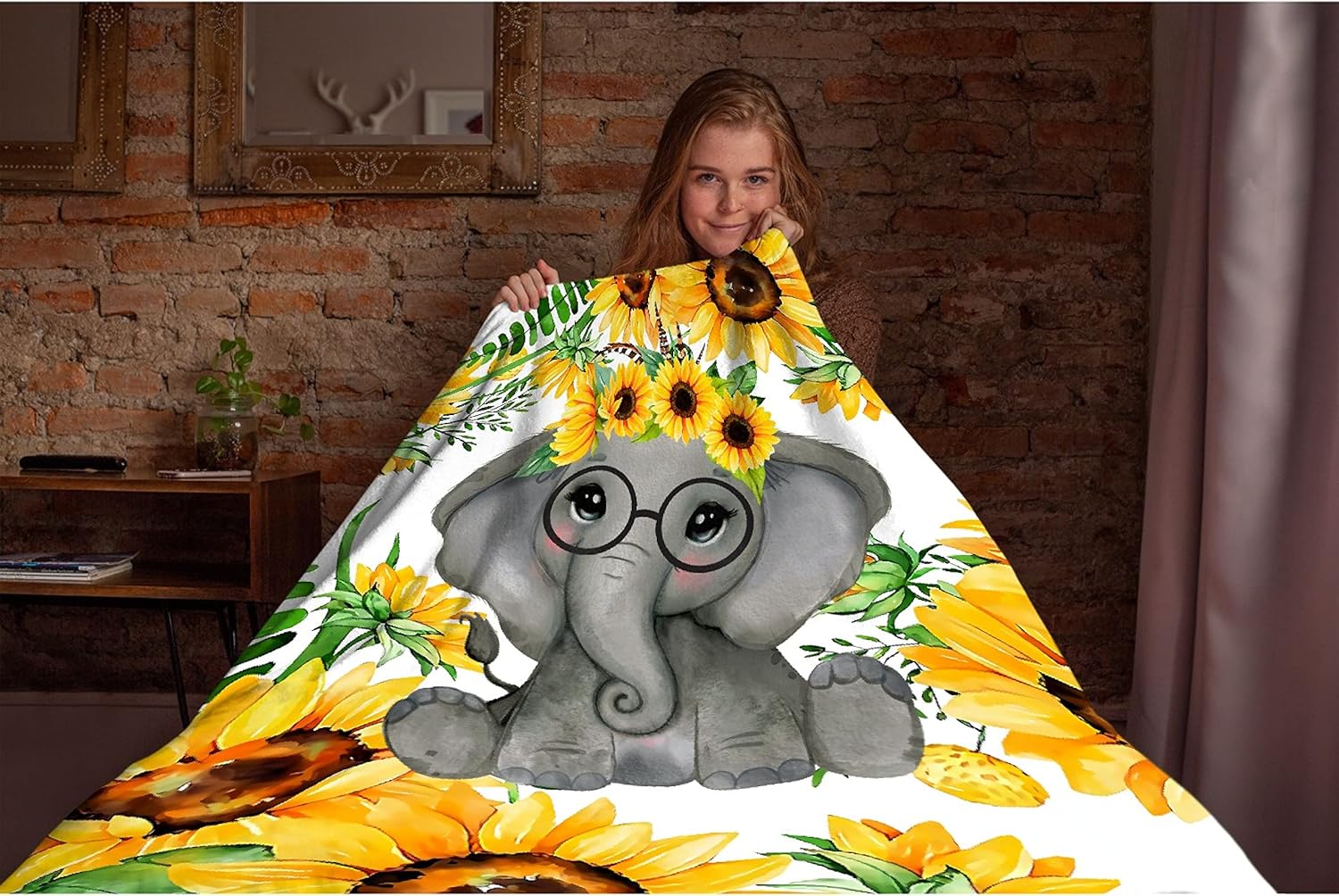 Sunflower Elephant Blanket Super Soft Lightweight Throw Comfy Fluffy Quilt for Bed Sofa All Seasons Warm 60"x50" Twin for Teen