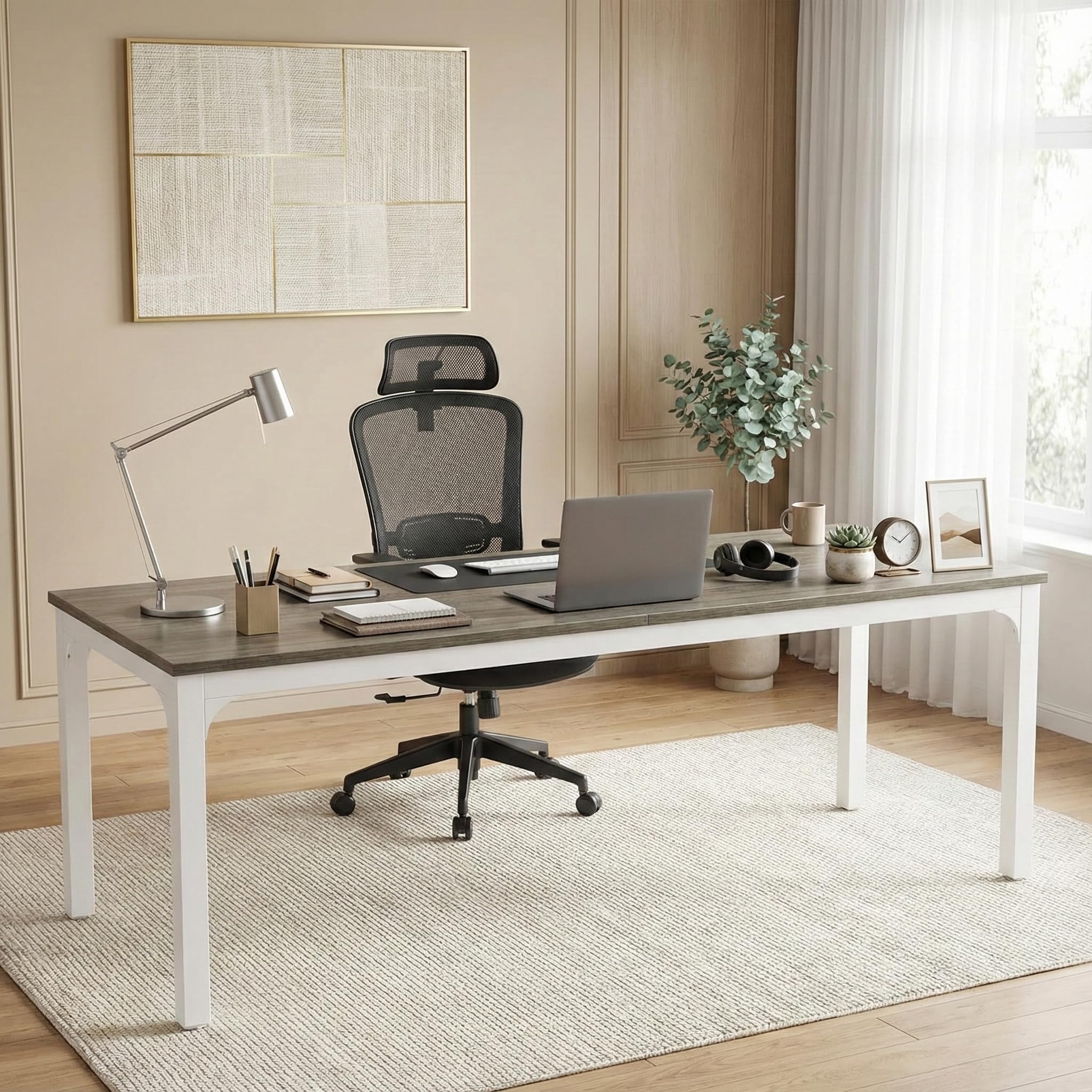 Lailang 200cm Scrivania, Workstation Per Due Persone, Scrivania In Legno Rovere, Tavolo Ufficio Riunioni, Scrittoio Pc Gaming, Scrivania Bianca Lunga, 200 x 70 x 75 cm, Rovere Bianco