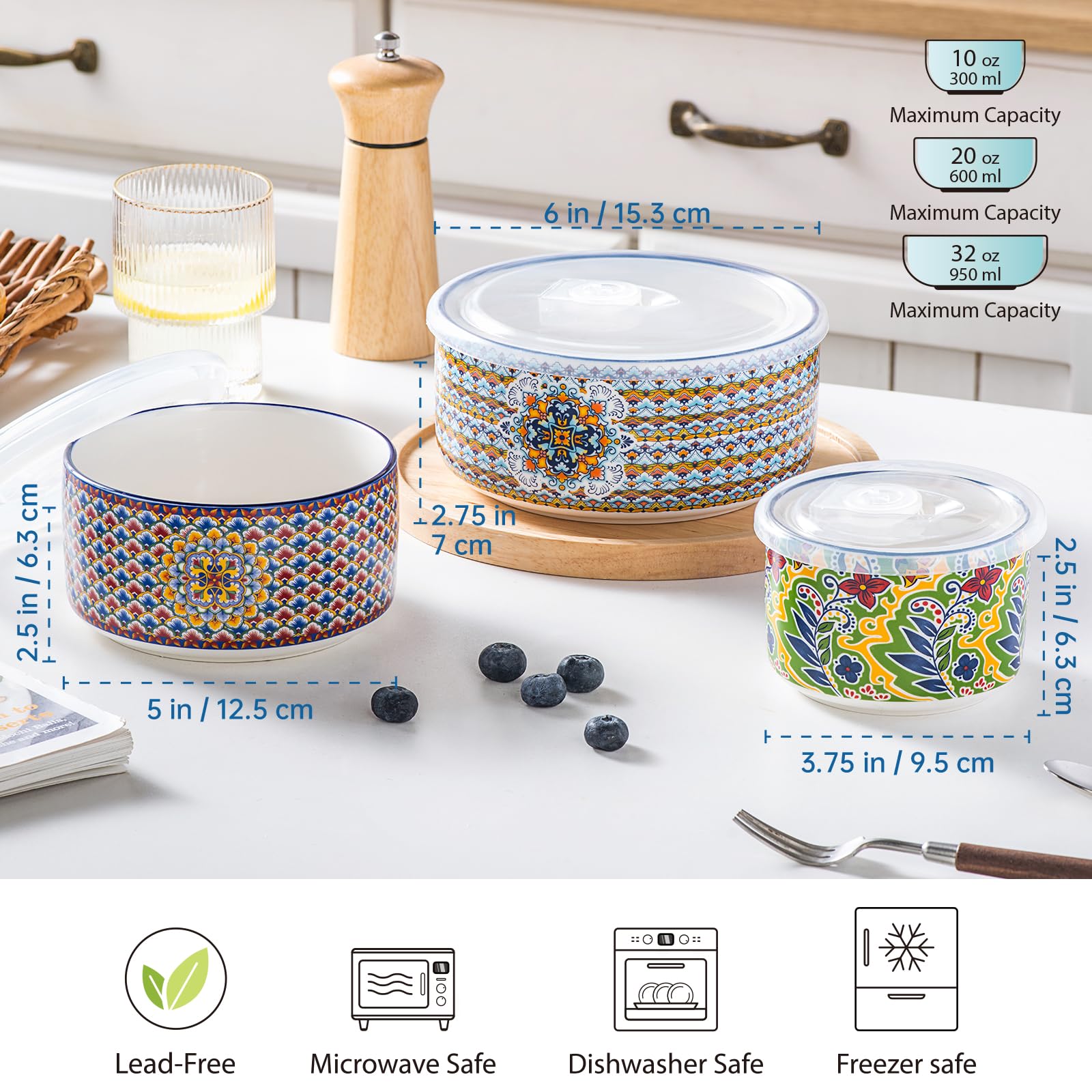 HENXFEN LEAD Servierschalen mit Deckel 3 teilig, Salatschüssel 330/600/950ml, Suppenschalen für Reste, Suppe, Müsli, Mittagessen, Bunte Müslischale - Bohemian Style