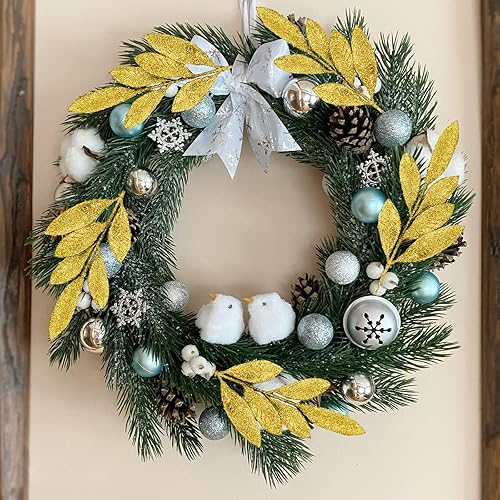 Miniatura 6 de 60 hojas doradas con purpurina de Navidad, 13 pulgadas, flores doradas artificiales con purpurina, ramas y aerosoles para árbol de Navidad, coronas,