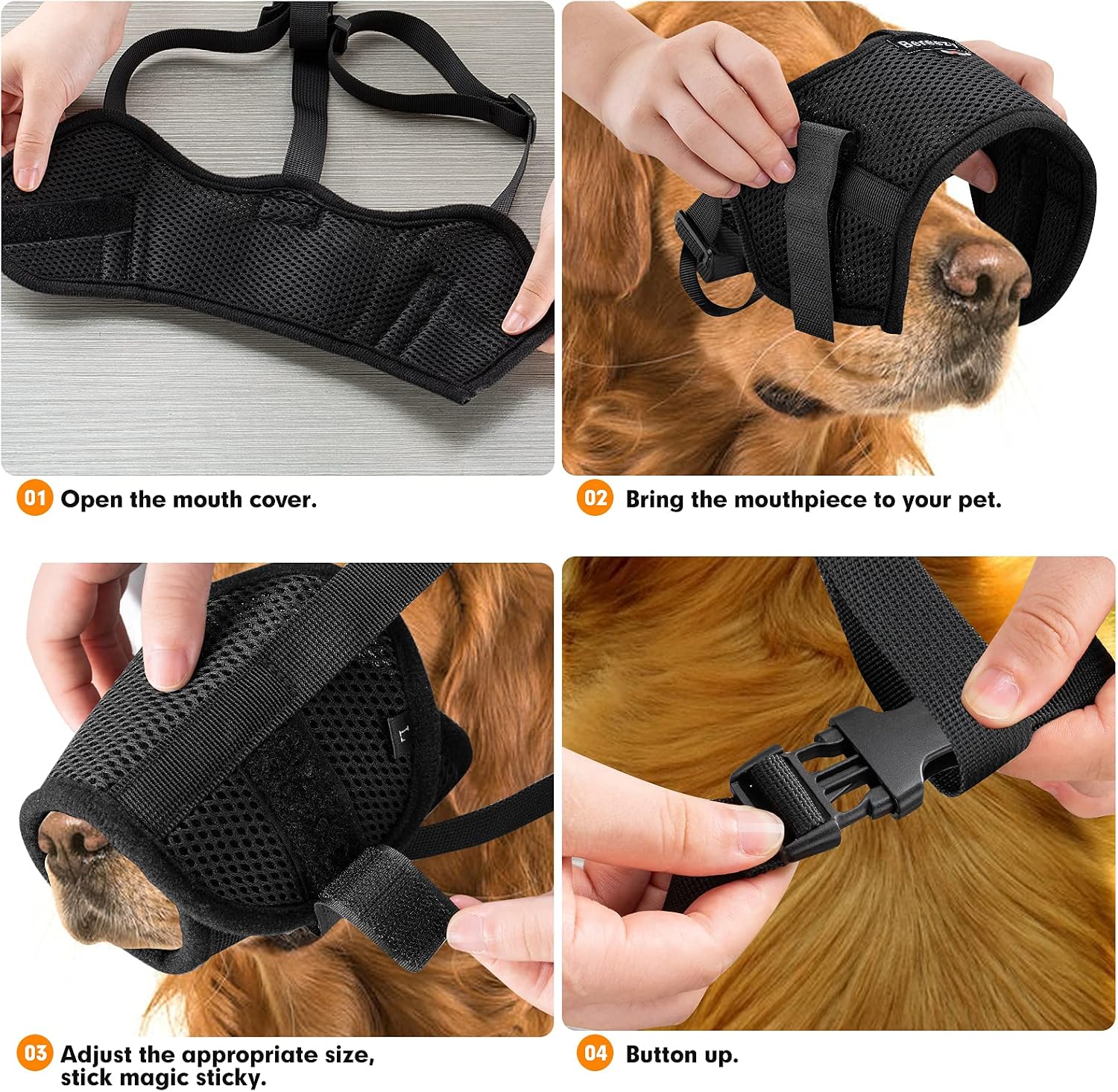 Bereezy Dog Muzzle, Mesh Breathable Dog Muzzles for Biting Barking and Chewing, Adjustable Pets Muzzle for Small Medium Large Extra Dogs with Velcro and Buckle, Black, Large (Pack of 1)