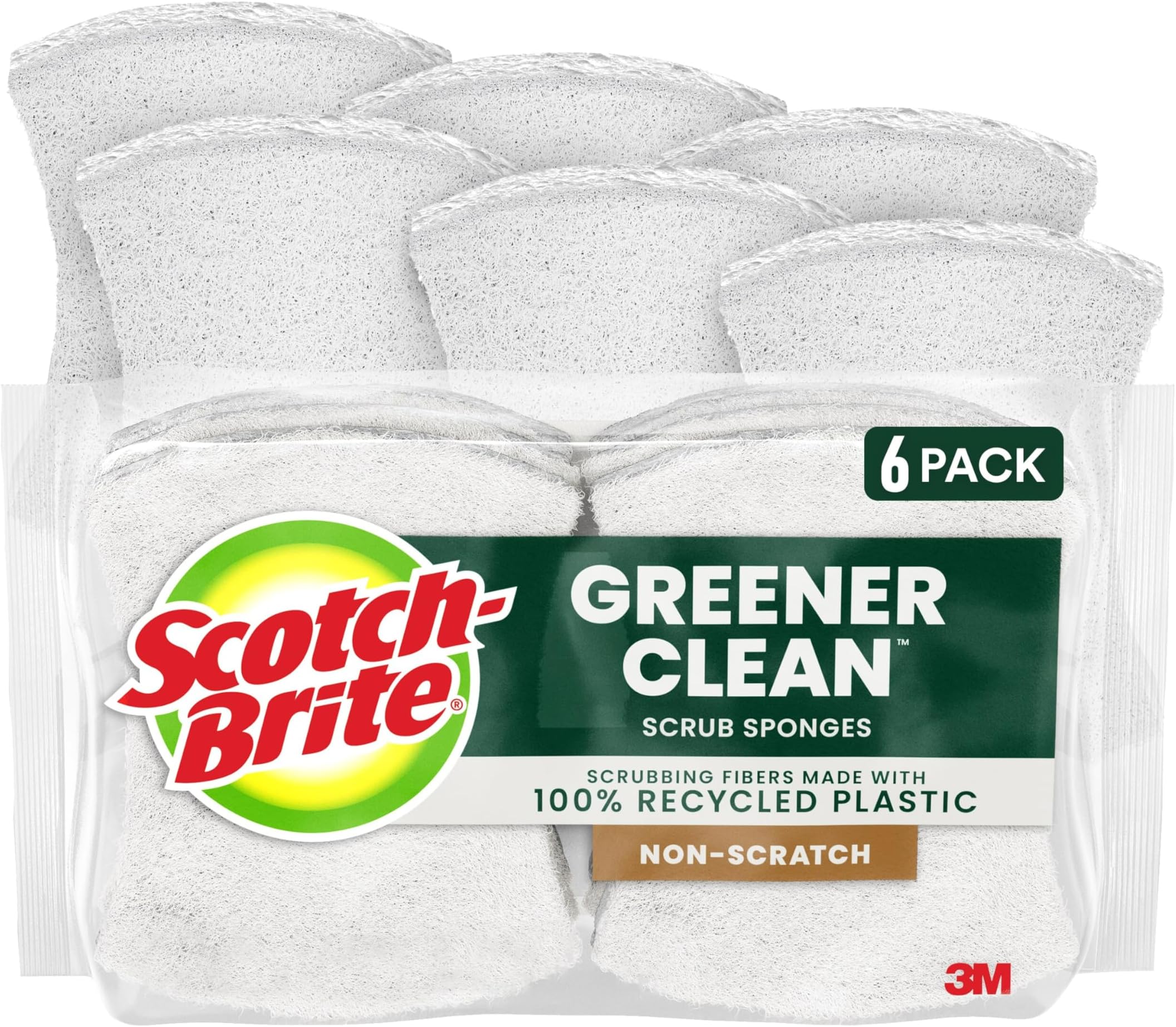 Scotch-Brite Greener Clean Non-Scratch Scrub Sponge, 6 Nonscratch Kitchen Sponges for Cleaning Around the Home, Bathroom & More, Most Durable Recycled Dish Scrubber, Best for Nonstick Pots and Pans