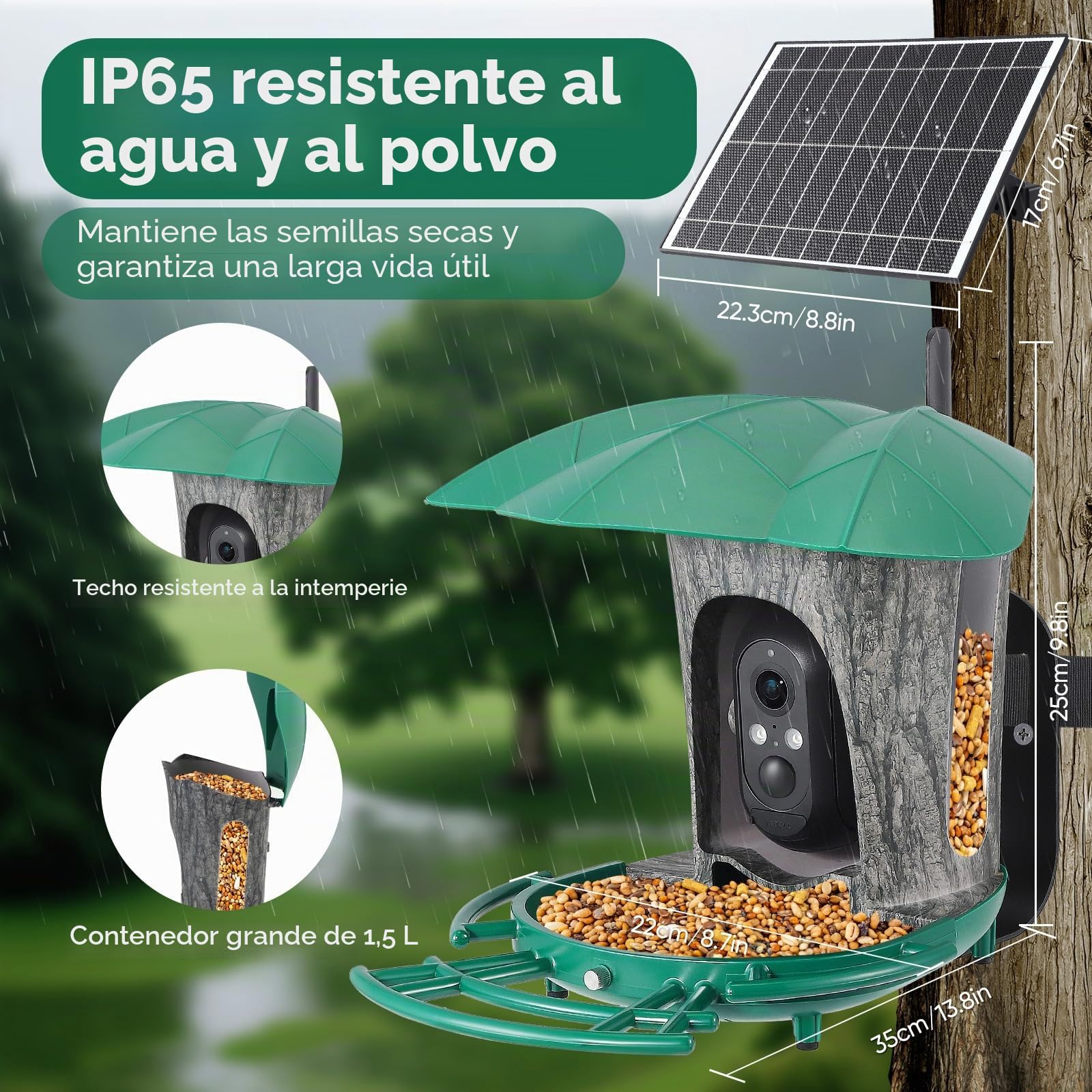 Comedero para pájaros con cámara, caseta solar para pájaros para uso al aire libre, comedero para pájaros 1080P, resistente a la intemperie IP66 (verde oscuro)