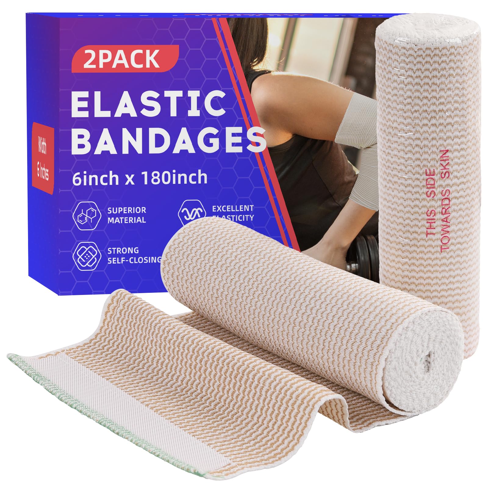 Elastic Bandage Wrap 6” Wide 2 Pack, High-Performance, Compression, Strong Self-Closing, Reusable, Excellent Elasticity for Legs, Ankle, Knee, Tummy, Body, Wrist