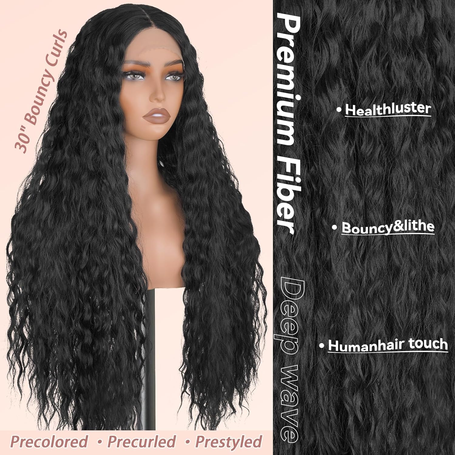 Long Deep Curly Wig Synthetic Lace Front Wigs Glueless 13x5x1 HD Transparent Lace Wig Pre Plucked Natural Hairline Wavy Wigs for Black Women (#1B Natural Black, 28 Inch)