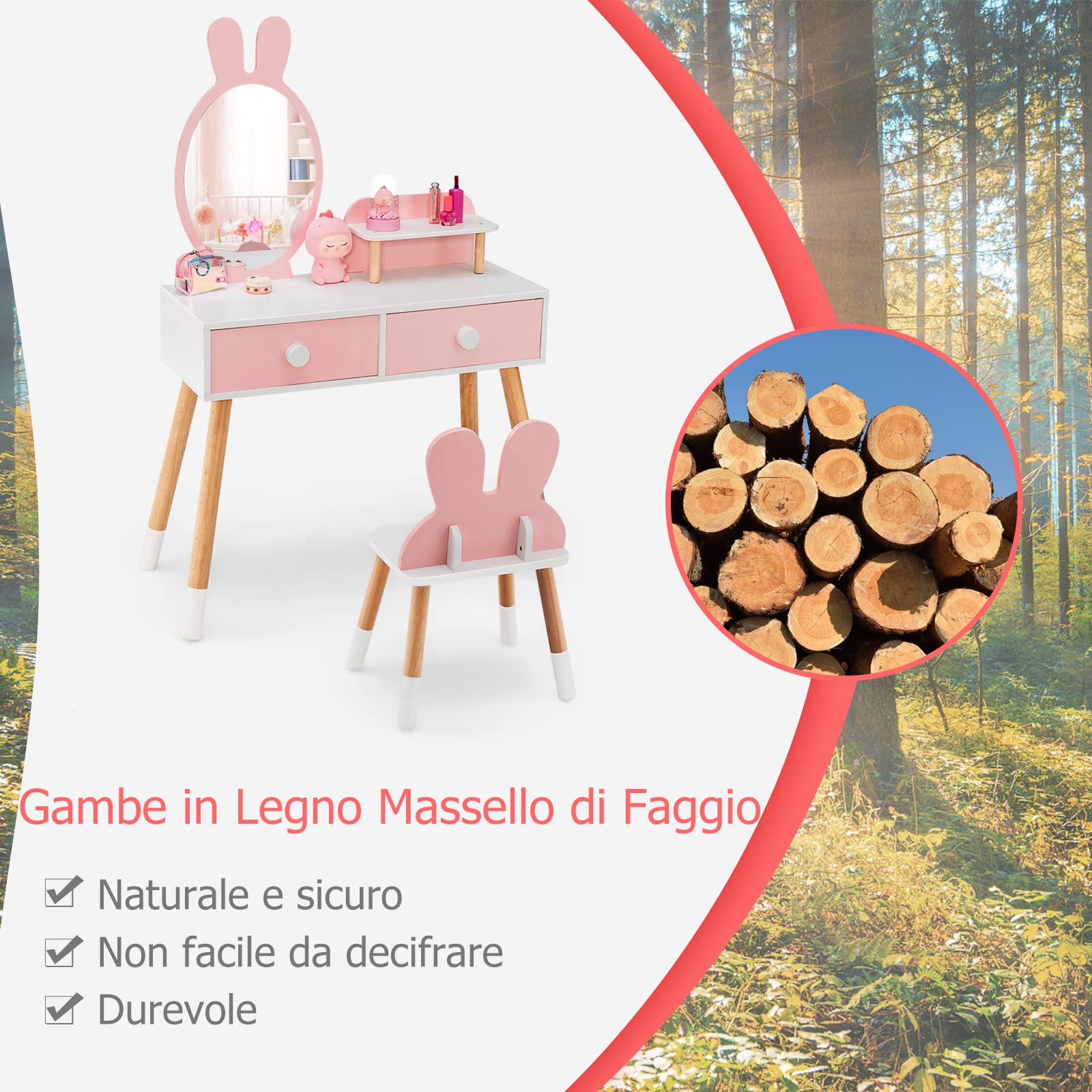 COSTWAY Toeletta Trucco 2 in 1 per Bambina, Specchiera a Forma di Coniglio Staccabile per Ragazza in Legno con Sgabello, Ripiano e 2 Cassetti, Postazione Trucco, 78 x 37 x 110cm (Rosa)
