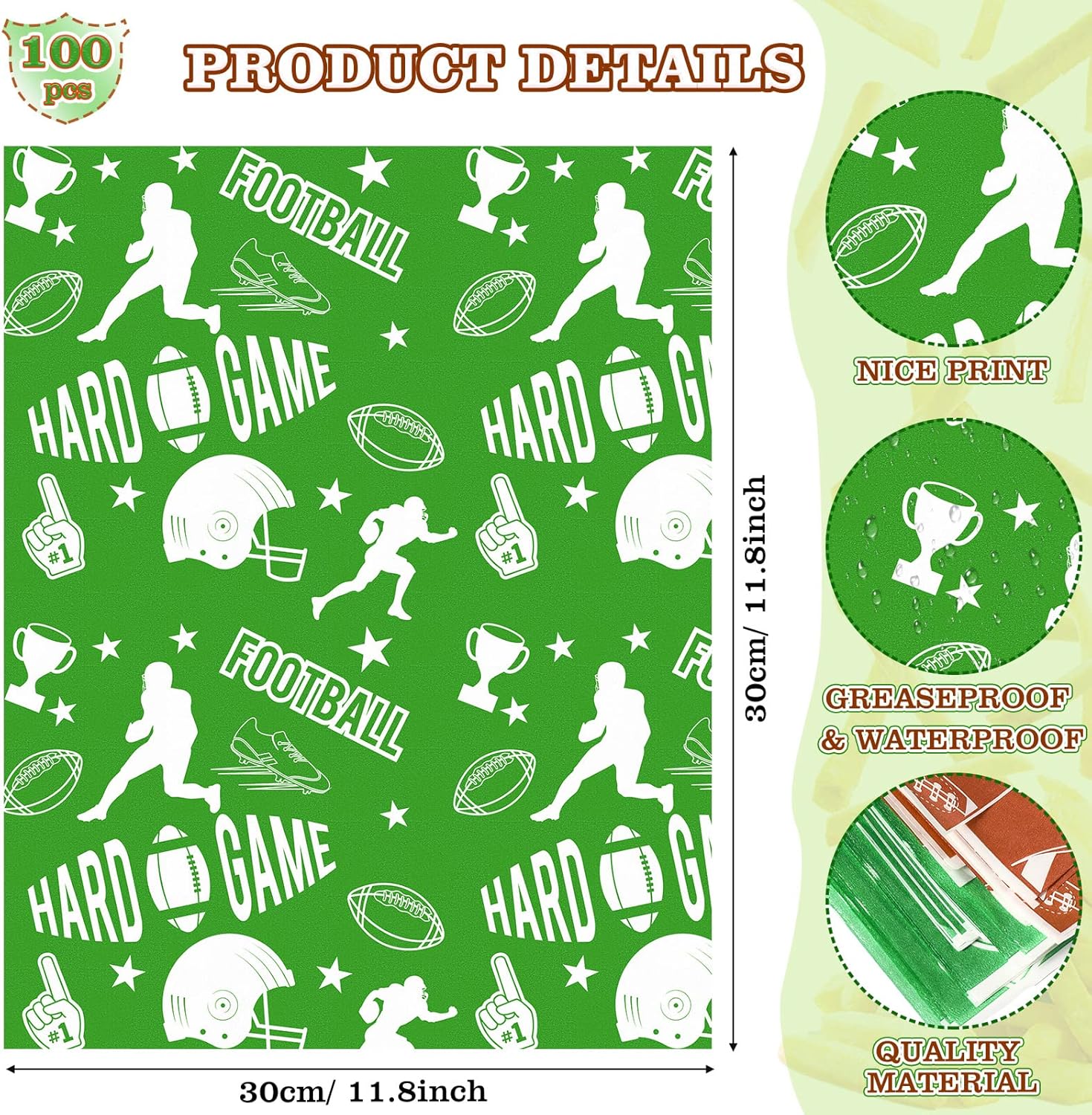 200 Pcs Football Party Supplies 1.1 lb Including 100 Paper Serving Trays and Grease Resistant Liner Sheets for Sport Game Celebrations, Birthday Favors, and Decorations