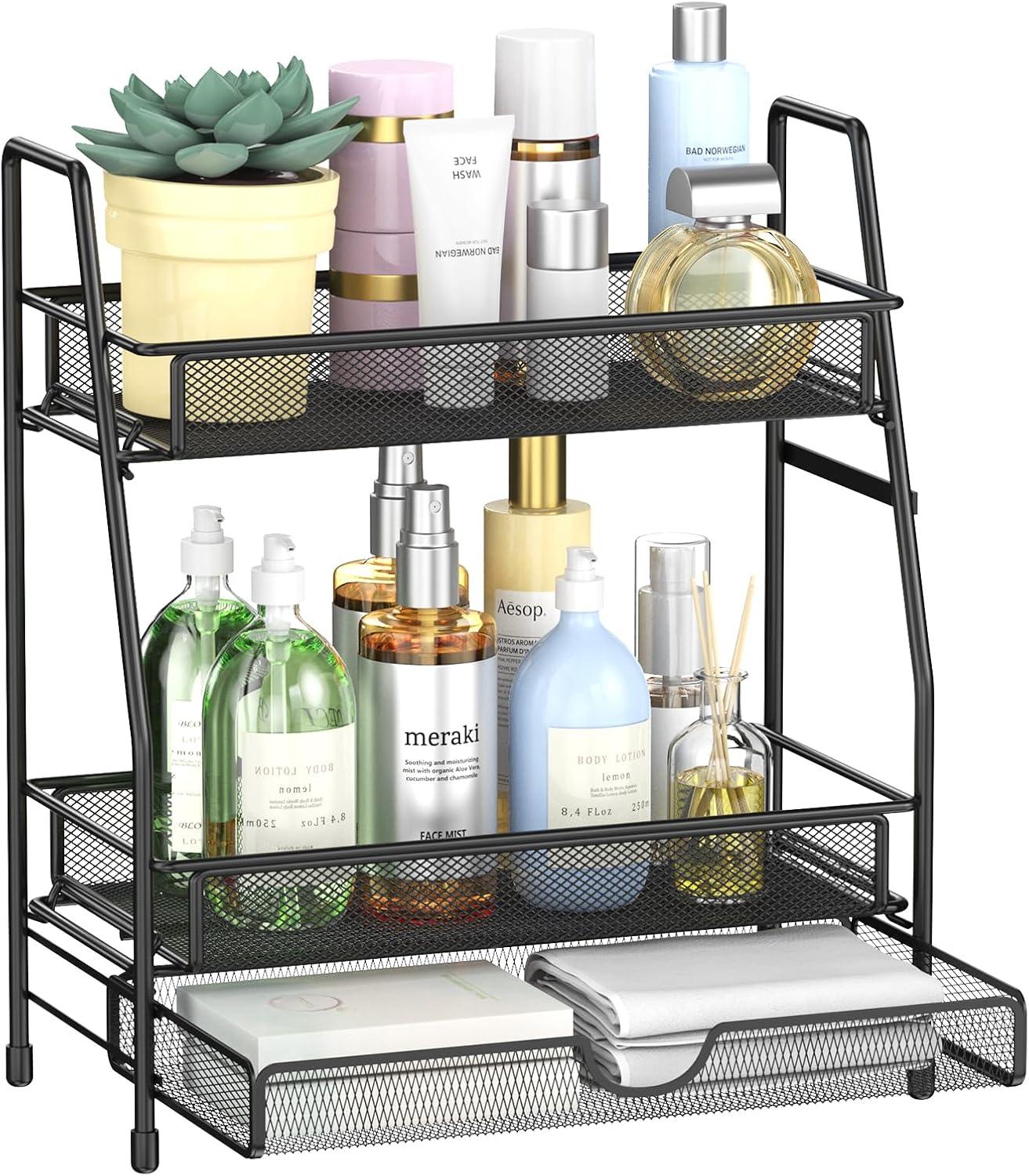 2-Tier Bathroom Counter Organizer with Drawer, Bathroom and Makeup Organizer Countertop, Easy to Install, Ideal for Bathroom organizer, Vanity, Large Skincare, Perfume, Present, and More,Black