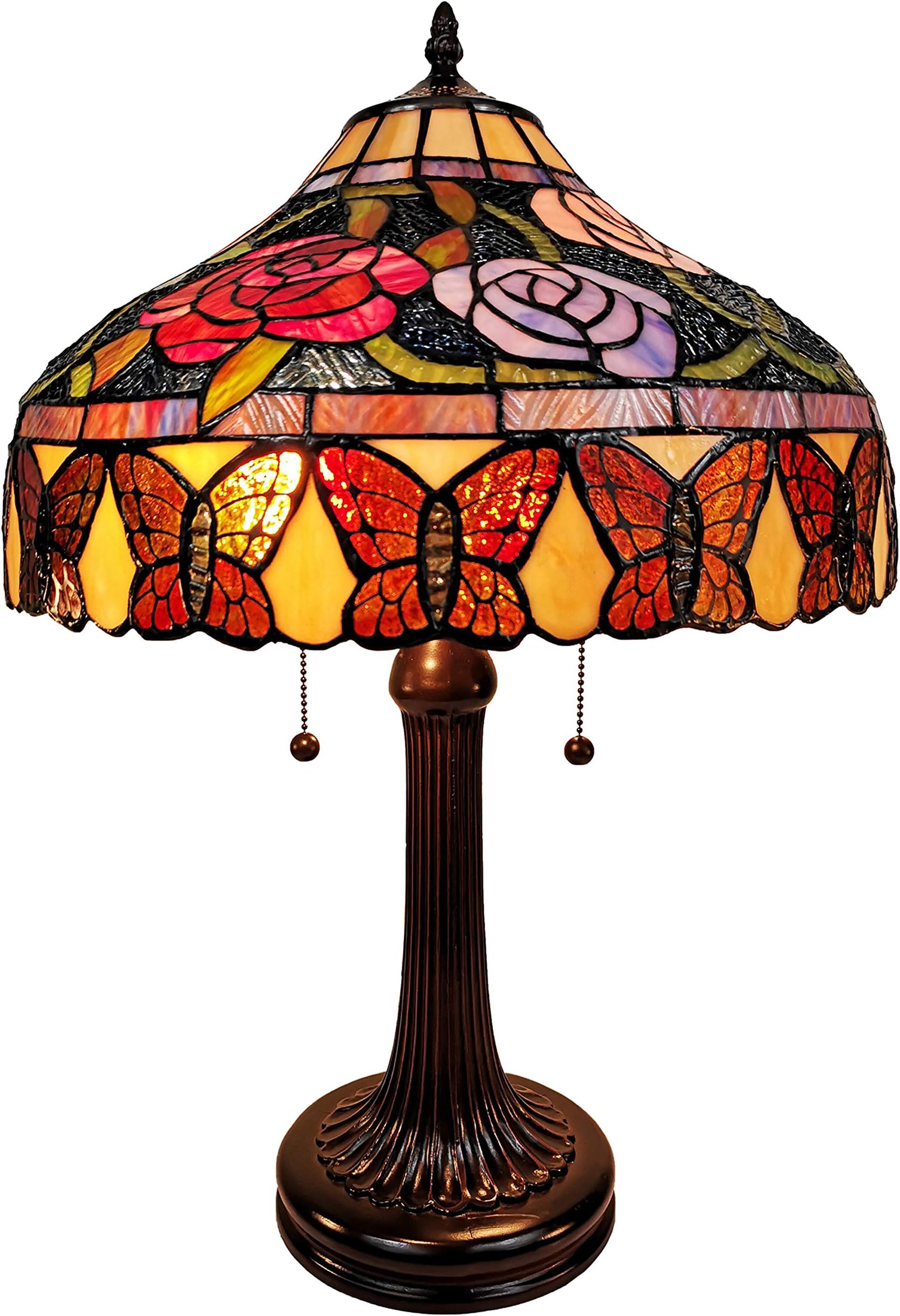 Tiffany Style Table Lamp Banker 23" Tall Stained Glass Red Green Tan Floral Flower Butterfly Antique Vintage Light Decor Living Room Bedroom Handmade Gift AM060TL16B Amora Lighting, Multicolor