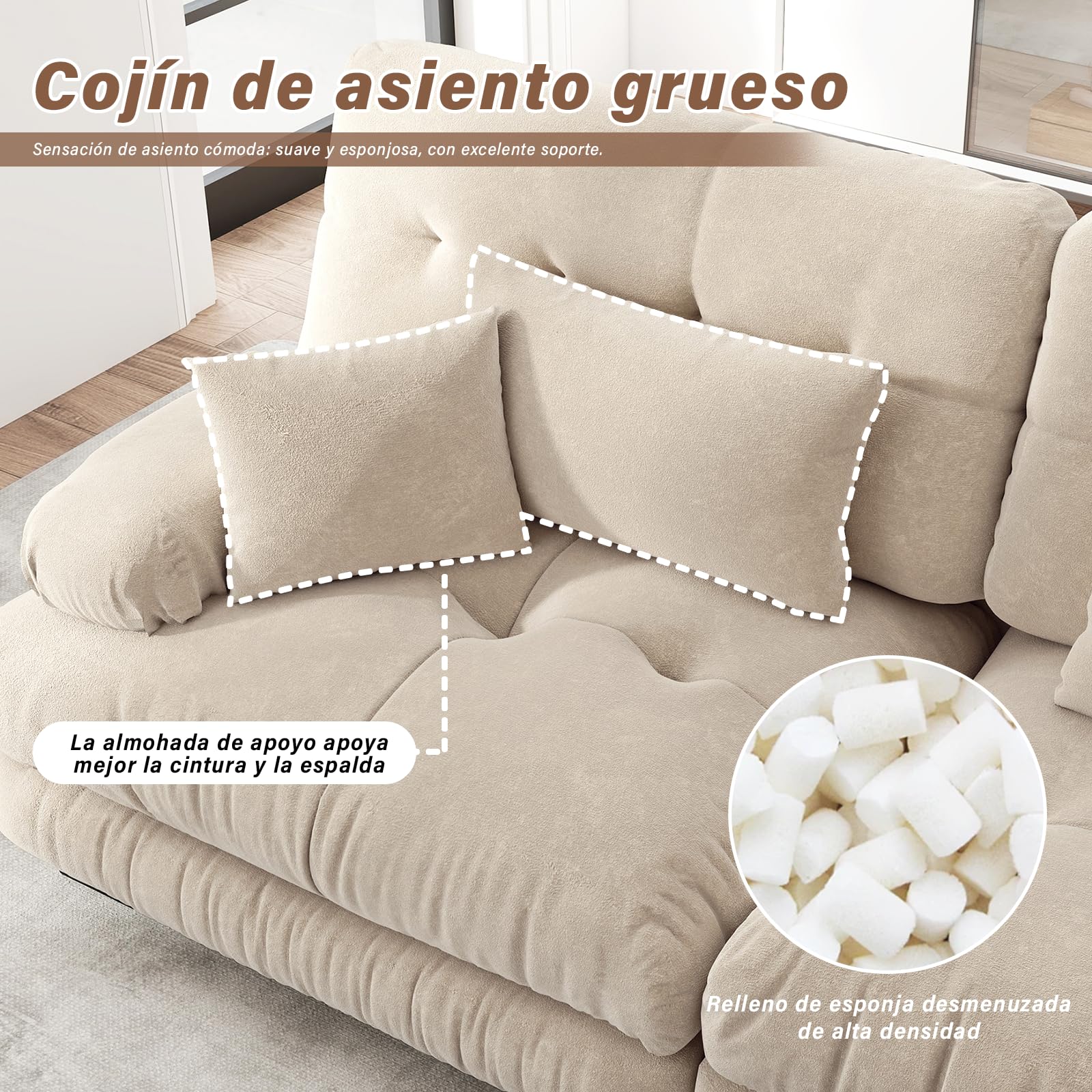 SoarFlash Sofá L Modular de 2 plazas para salón Moderno, sofá Nube de Tela Chenille con reposabrazos, marrón Claro, 145×220cm