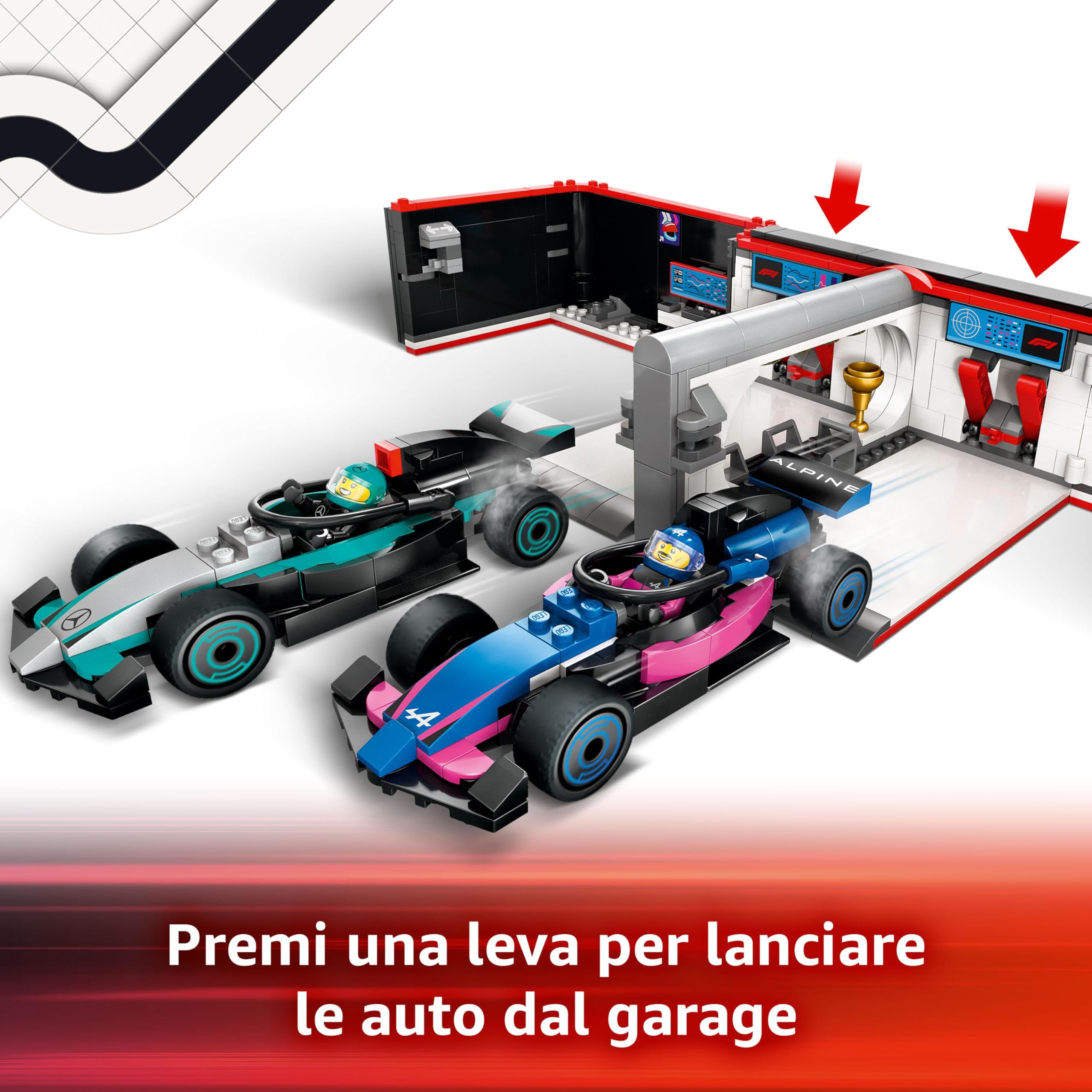 LEGO City Garage con Monoposto Mercedes-AMG e Alpine F1, Auto da Corsa Giocattolo con 2 Minifigure di Piloti e 4 Meccanici, Regalo per Bambini e Adulti Fan delle Macchine Giocattolo da Formula 1 60444