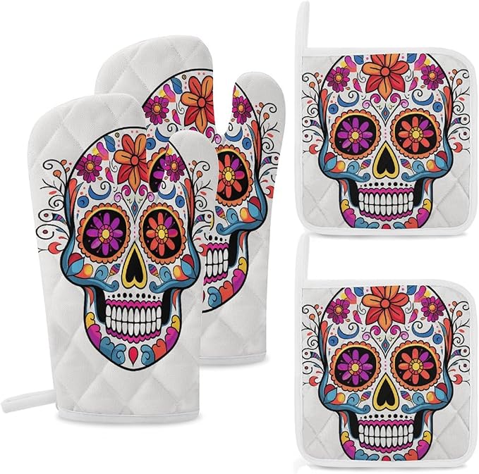 Sugar Skull Oven Mitts and Pot Holders 4PCS Set Heat Resistant Kitchen Potholders Non-Slip Oven Mit, Hot Pads, Soft Cotton Lining, Baking Gloves for Cooking BBQ Grilling
