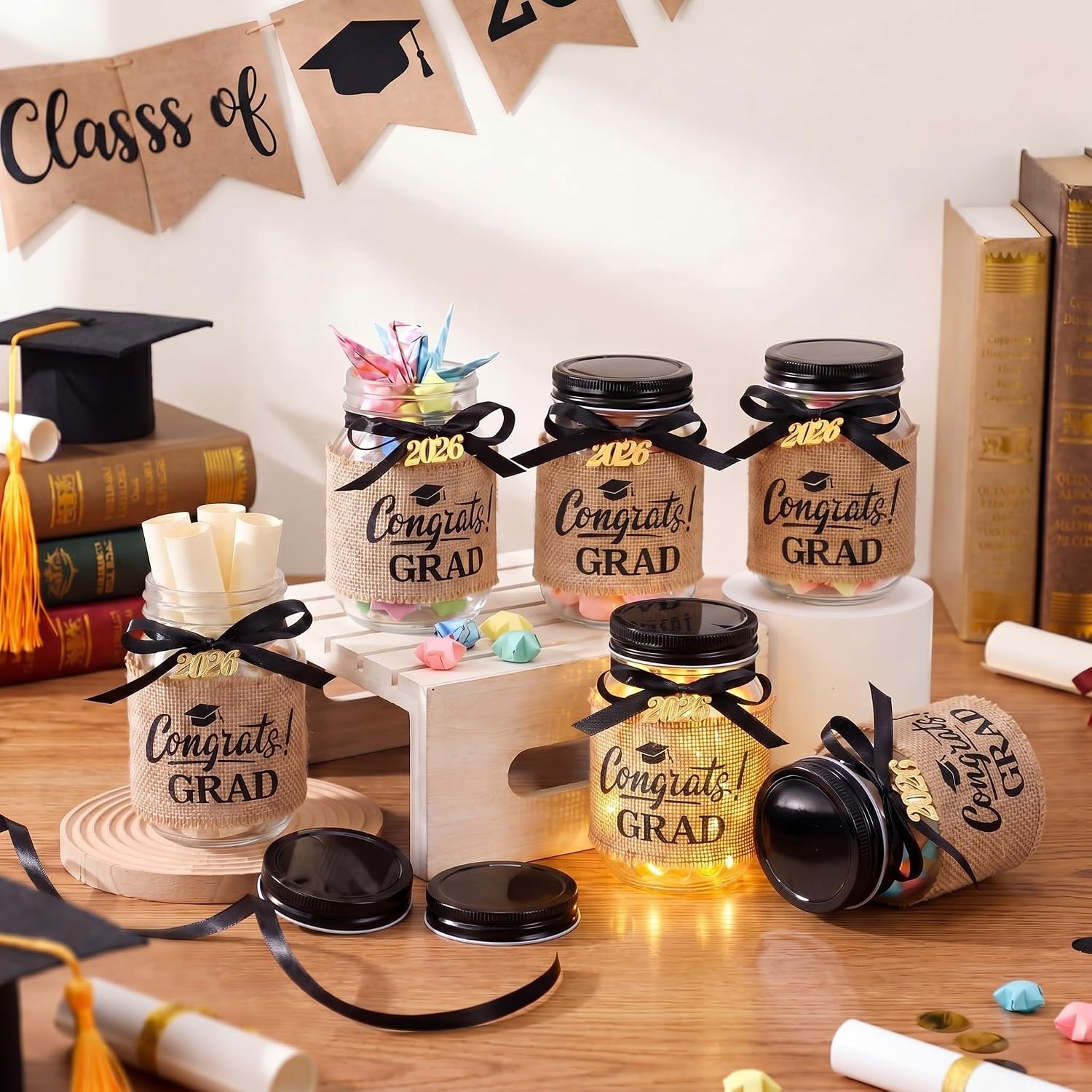 6 Sets 2026 Graduation Gifts Graduation Mason Jars Class of 2026 Grad Centerpieces for Tables Decorations Money Jars with Linen Sleeves Pendant Ribbon for Congrats Grad Party Supplies image 4