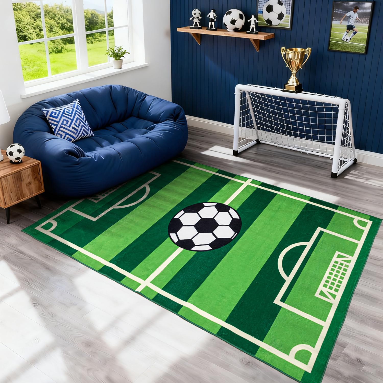 Soccer Field Rug, 3 x 5 Ft Sports Carpet, Boys Room Decor Mat