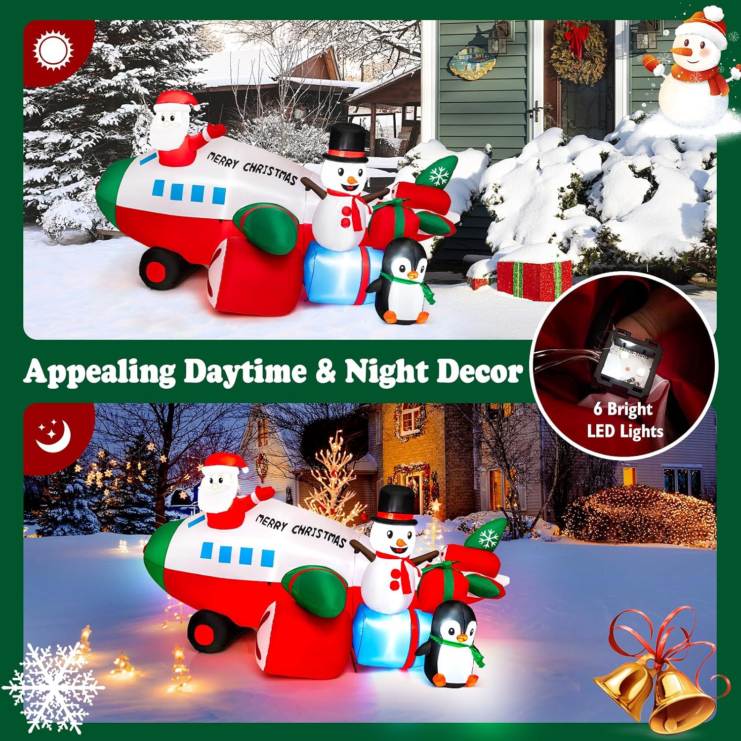 Tangkula 9.5 FT Lighted Christmas Inflatable Santa Claus on Helicopter, Santa Flying an Airplane with Built-in LED Lights, Snowman, Penguin & Gift Box, Indoor Outdoor Blow Up Xmas Decoration