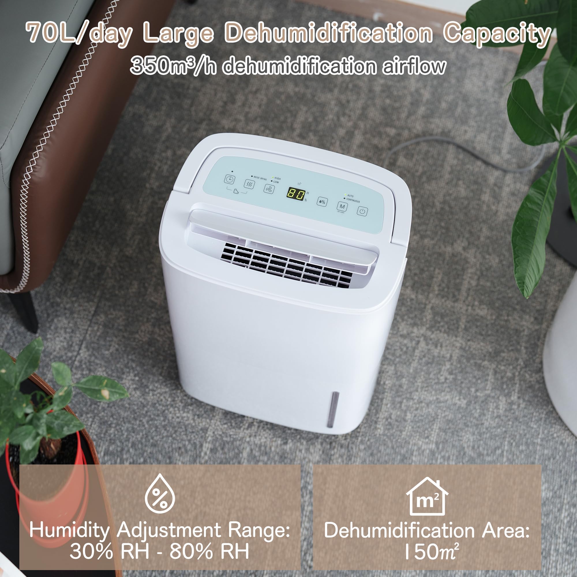 Kalopsia Deumidificatore Portatile 70L/Giorno: Elettrico Silenzioso 40dB con Igrostato Digitale & Timer｜Tubo di Scarico Continuo 2m per Cantina/Bagno/Camera da Letto fino a 150m² Compatto con Ruote