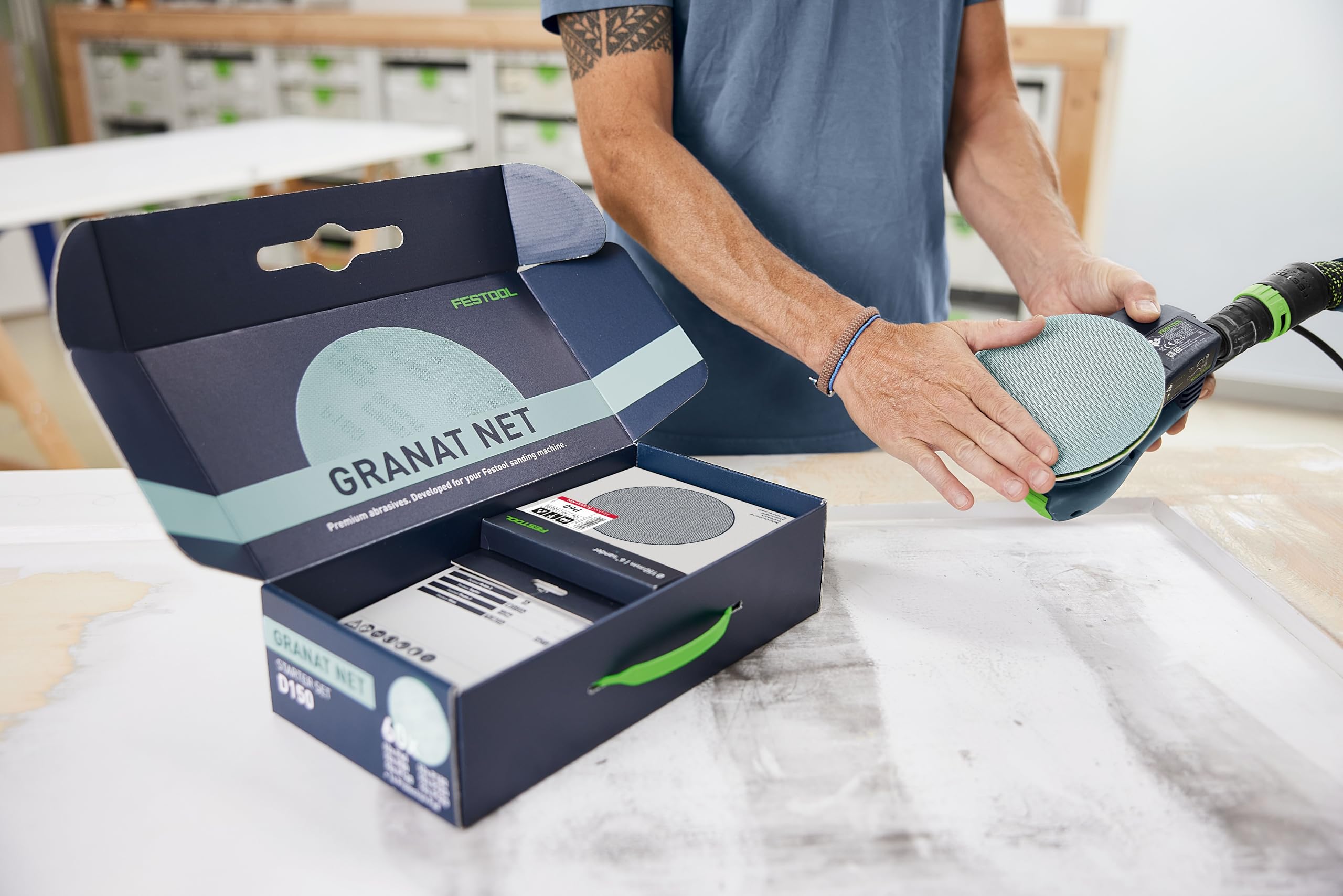 Festool Granat Net D150 GR Netzschleifmittel Set für Exzenterschleifer | Effizientes Schleifgitter-Sortiment mit Protection Pad für 150mm Schleifteller, hohe Absaugung & Materialabtrag