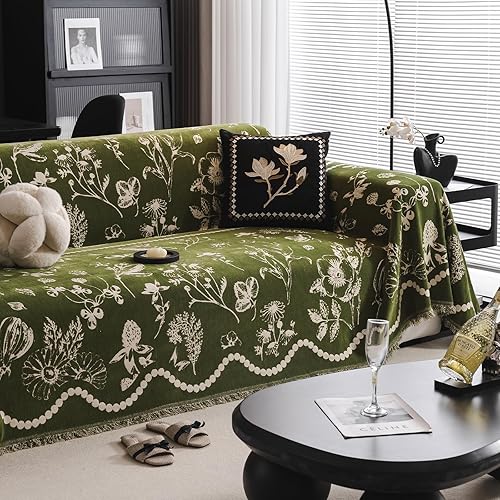 Miniatura 2 de DREAMINGO Funda de sofá floral verde rural de jacquard botánico para sofá de 3 plazas, acogedora funda de felpilla para muebles de sala de estar,