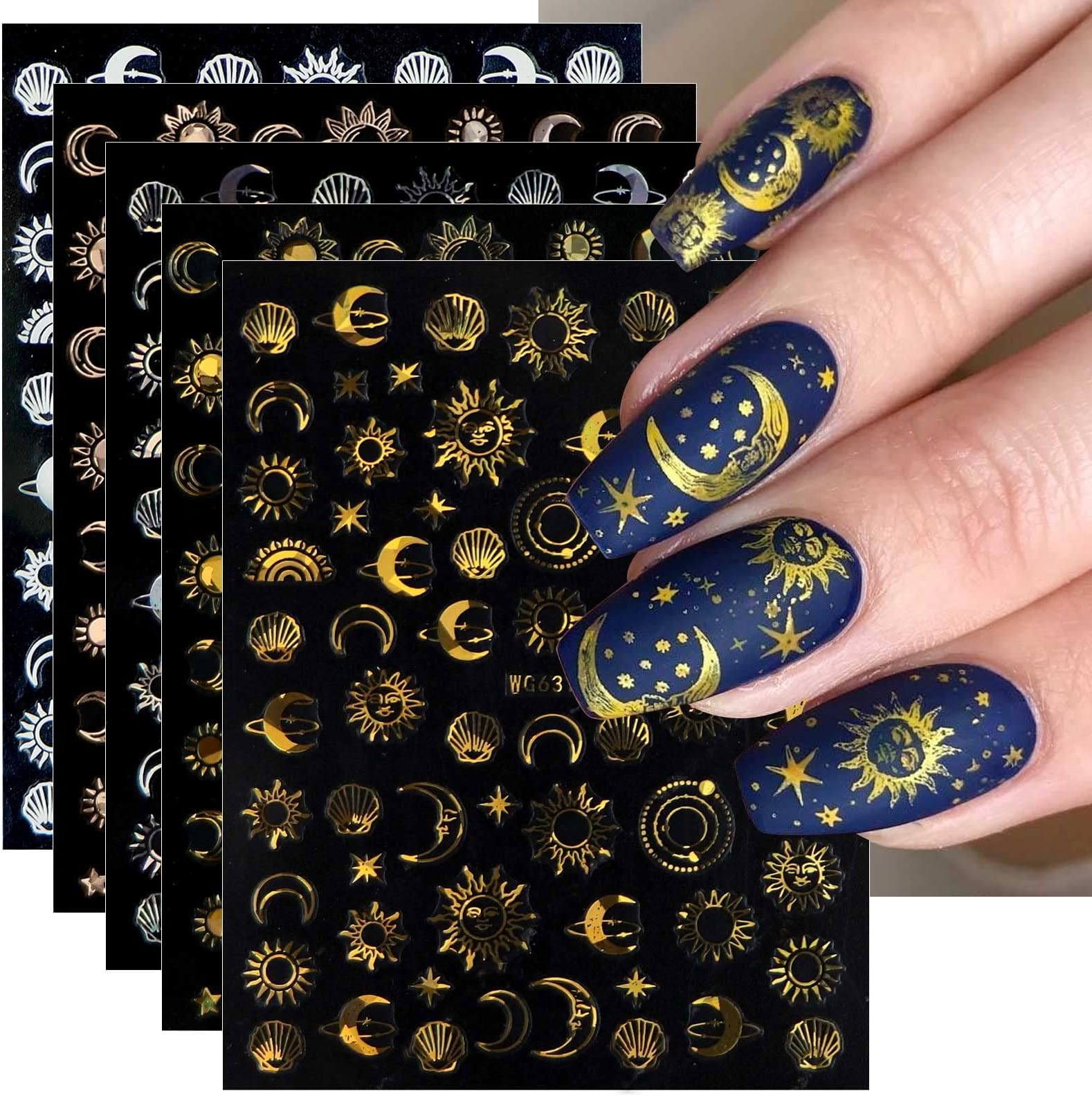 JMEOWIO 10 Sheets Moon Star Sun Nail Art Stickers Decals Self-Adhesive Pegatinas Uñas Colorful Rose Gold Nail Supplies Nail Art Design Decoration Accessories