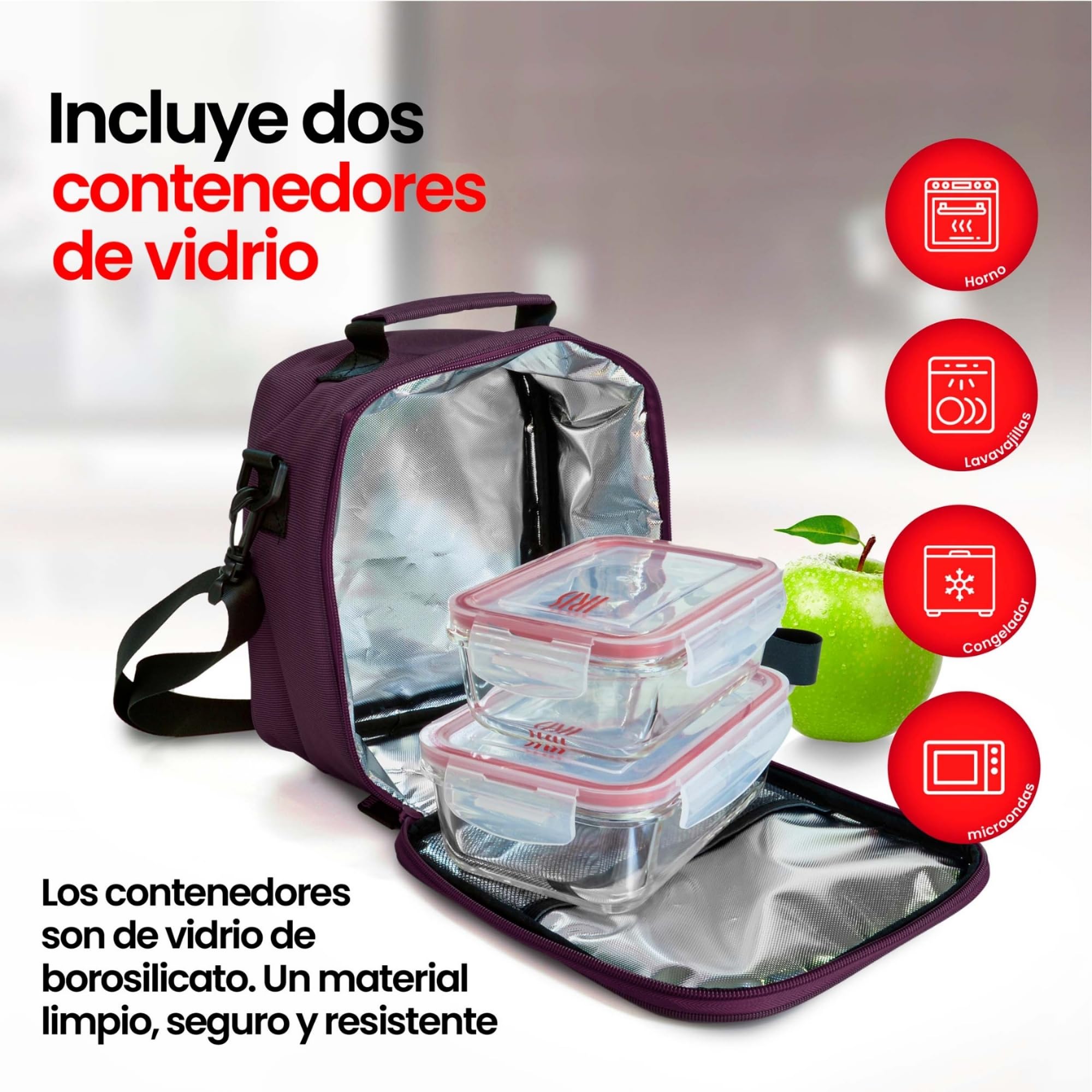Bolsa Térmica Porta Alimentos 3,8l - Lunch Bag con 2 Tapers de Cristal de 0.57l y 0.84l, Bolsa Isotérmica de Cremallera Doble, Loncheras de Trabajo Impermeable para Oficina, Universidad, Picnic, Lila