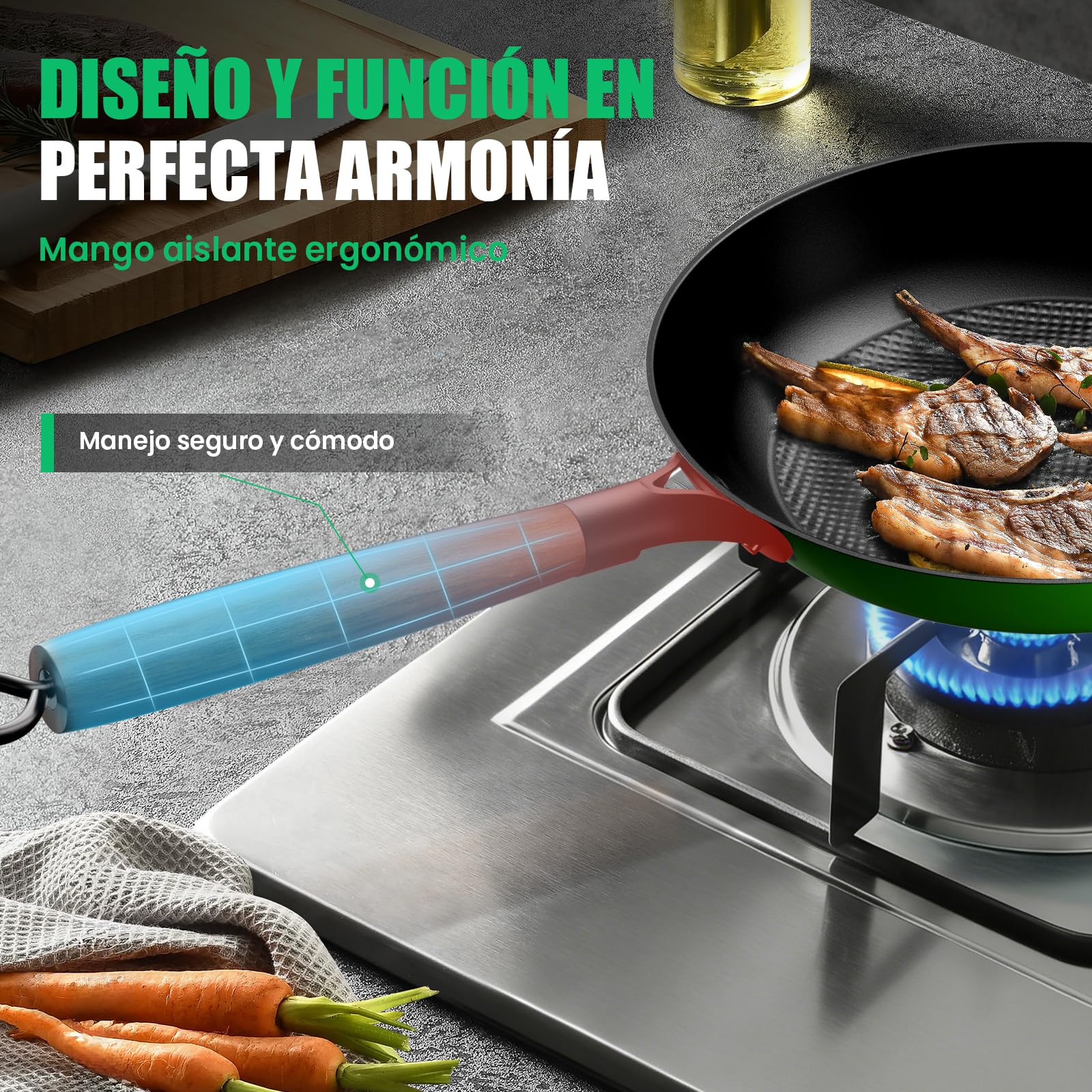 YUTANN Juego de Sartenes de Hierro Fundido Pre-sazonadas, Set de 3 Piezas, Apta para Inducción, Gas y Horno, Antiadherente Natural, Cocina Profesional | Sartenes de 20, 24 y 28 cm de diámetro, distribución uniforme del calor para inducción, gas, eléctrica