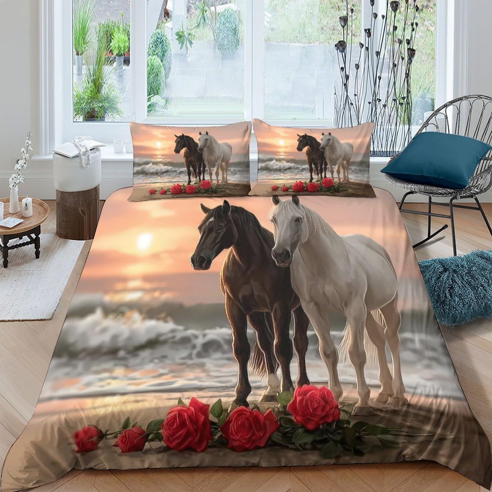 Ctjqhvkz Style-6 3D Printed Sunset Ocean Horses Fitted Sheet Microfiber Soft Bed Cover Floral Art For Bedroom Guest Room Decor Single（135X200cm）