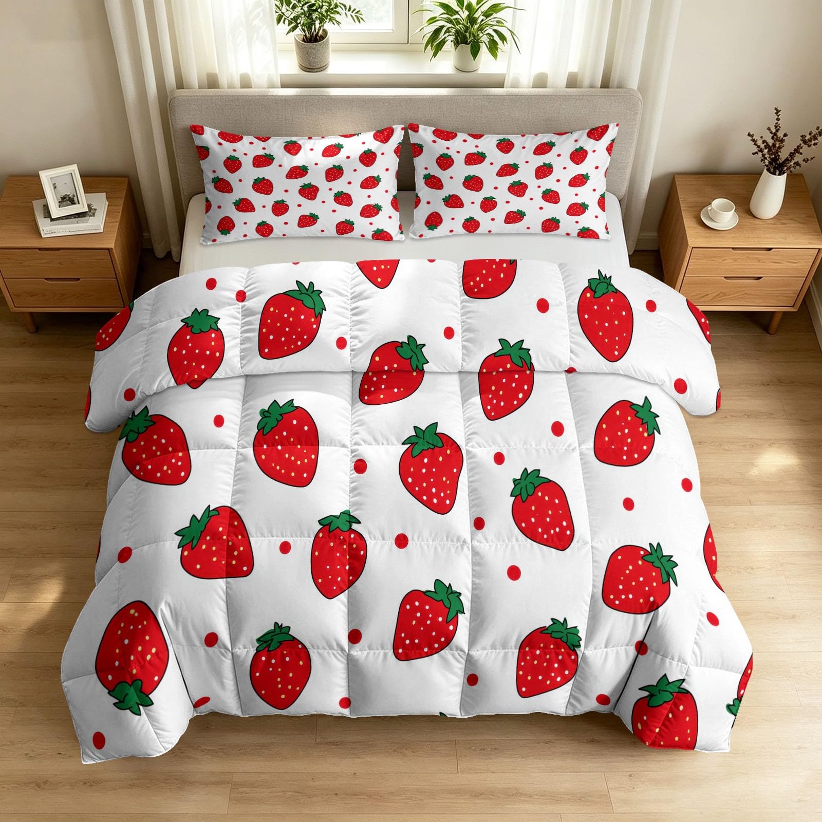 Kołdra 260 x 220 cm, na 4 pory roku, słodka truskawka, kropki, cztery pory roku, oddychająca, hipoalergiczna kołdra z kreskówki, owoce, bez poszewki, 3-częściowy zestaw z 2 poszewkami na poduszki 80 x
