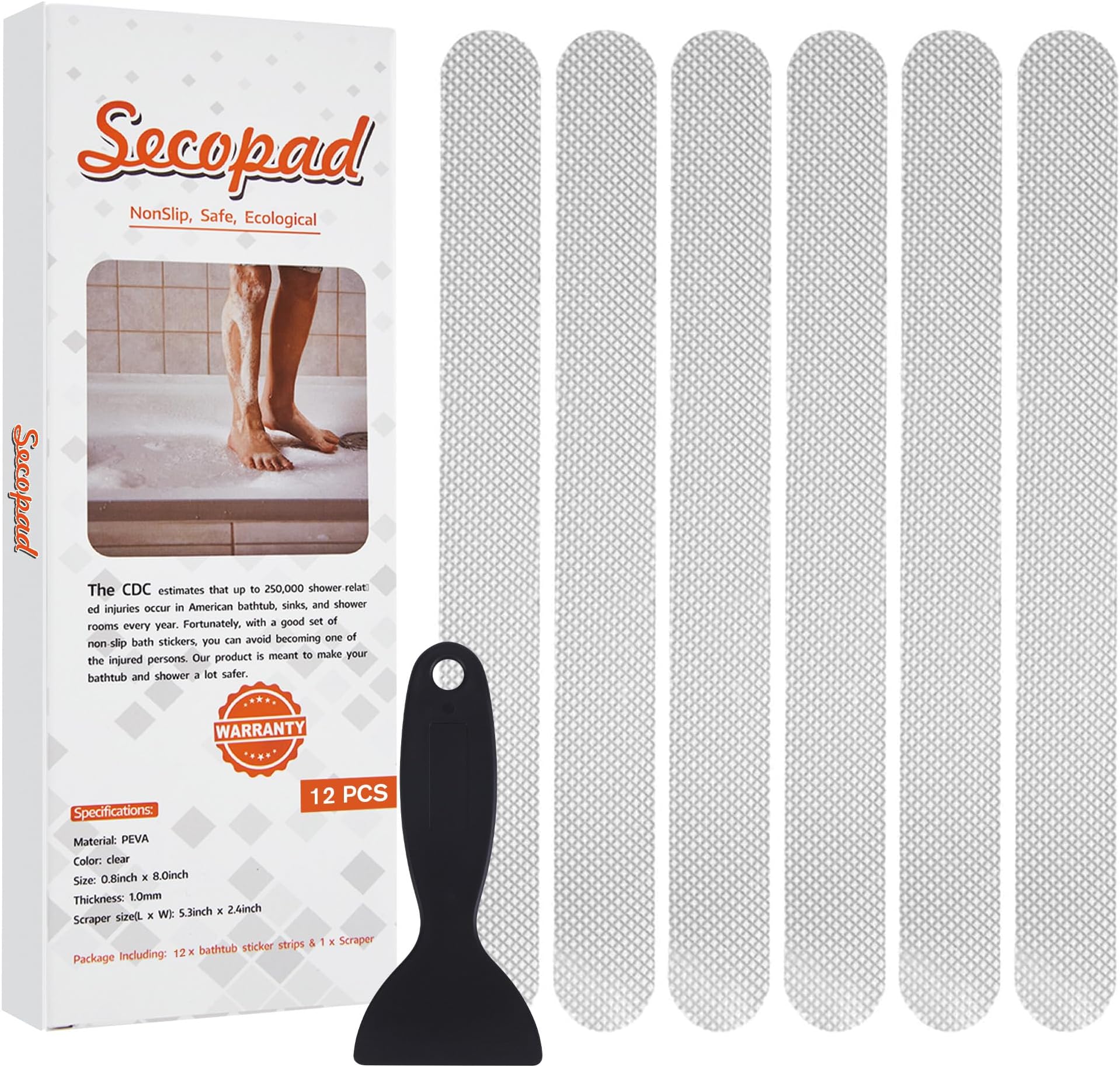 Secopad Original Anti-Slip Shower Stickers for Bathtub & Shower Floor, Strong Adhesive Safety Strips with Scraper Ideal for Families with Kids, Adults & Seniors, 24 PCS (Clear)