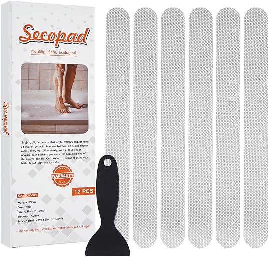 Secopad Original Anti-Slip Shower Stickers for Bathtub & Shower Floor, Strong Adhesive Safety Strips with Scraper Ideal for Families with Kids, Adults & Seniors, 12 PCS (Clear)