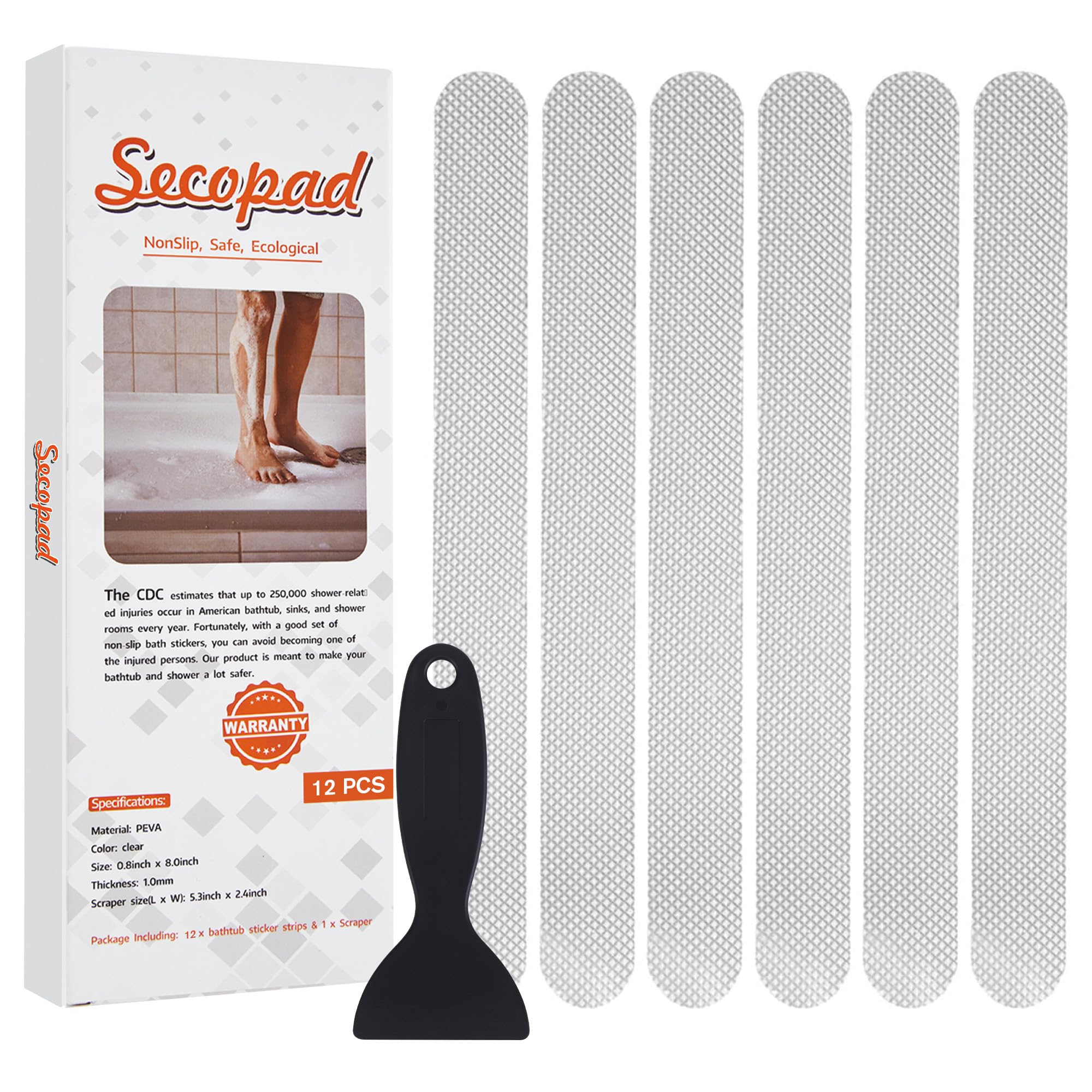 Secopad Original Anti Slip Shower Stickers, Safety Bathtub Strips Adhesive Decals with Premium Scraper for Bath Tub Shower Stairs Ladders Boats