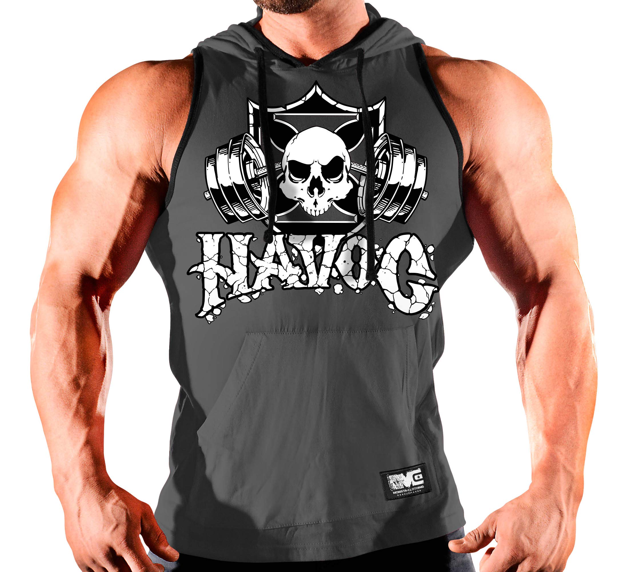 Monsta Clothing Co.Men's Workout (Havoc Rough Barbell) Gym Hooded Tank Top