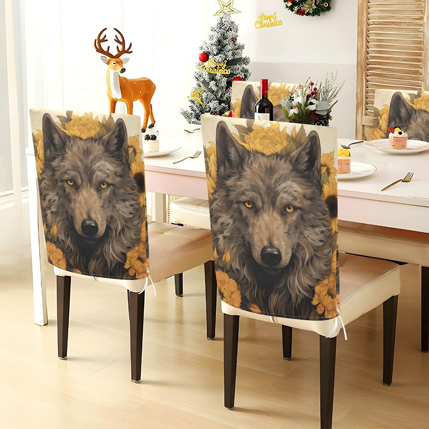 ALAZA Wolf and Yellow Sunflowers Chair Back Cover Set of 6, Washable Reusable Removable Chair Slipcovers Decorative Chair Cover for Home Kitchen Wedding Party