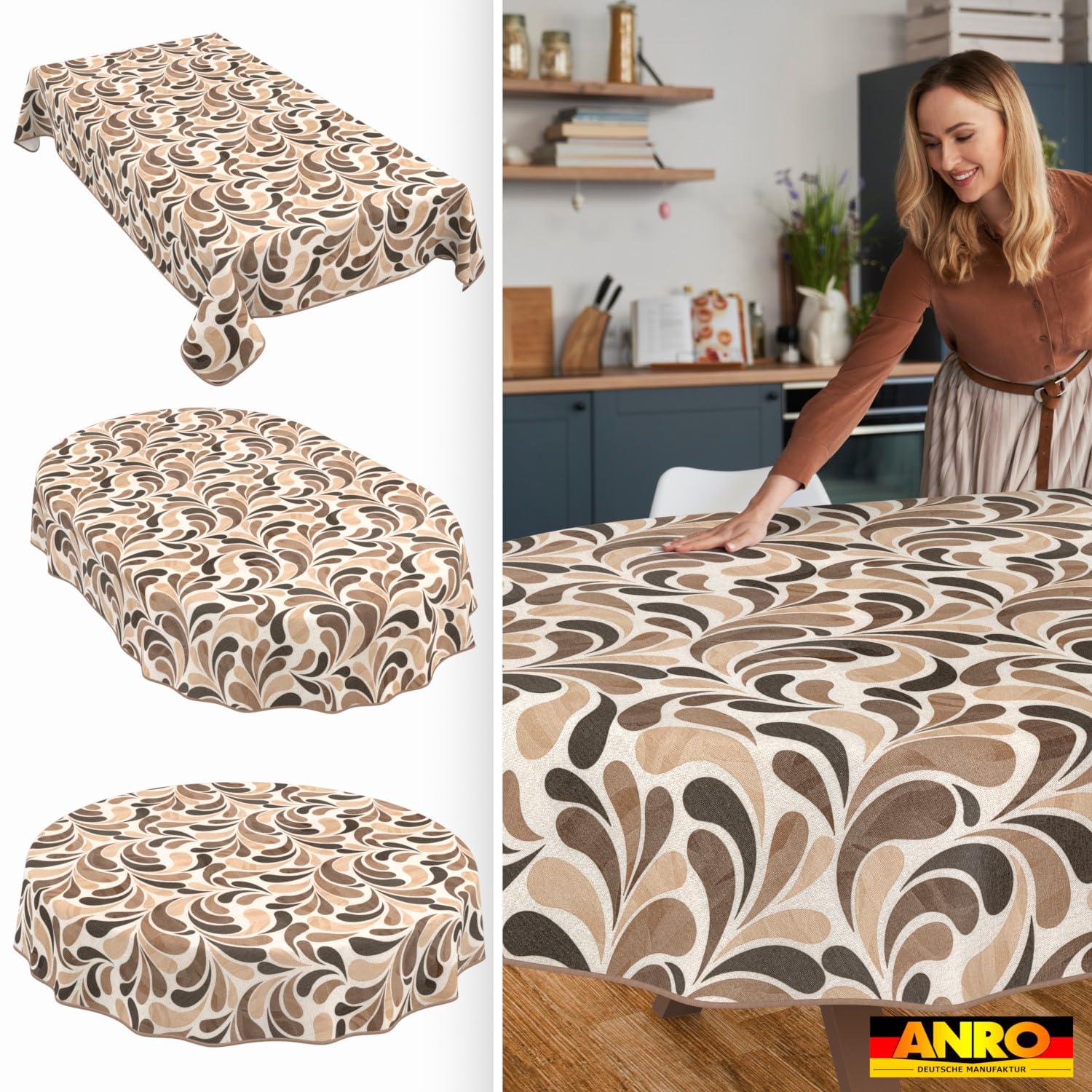 ANRO Tischdecke abwaschbar Tropfen Beige mit Saum oval 220x140 cm