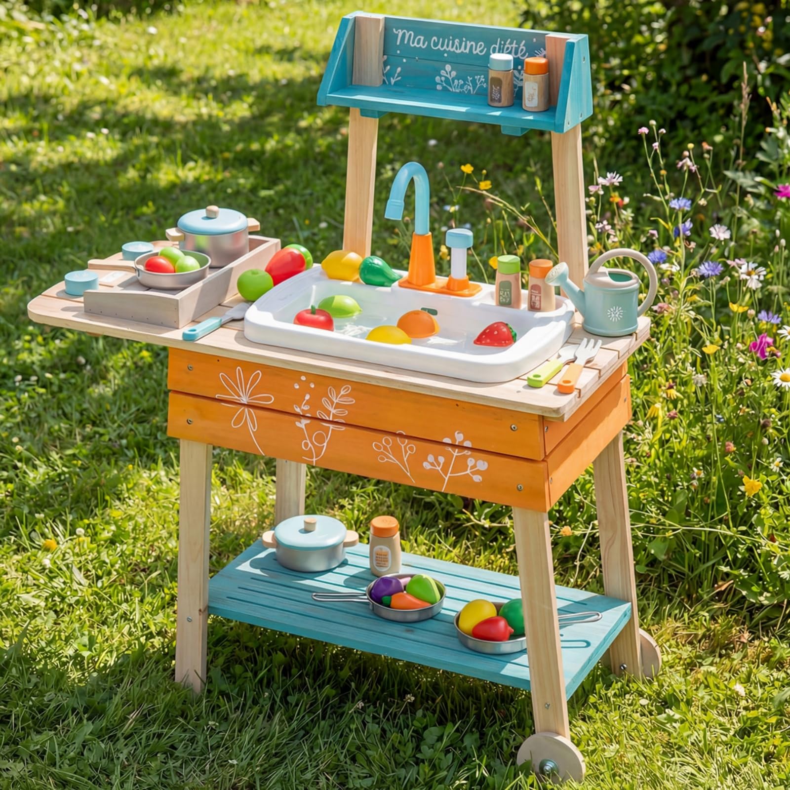COSTWAY Matschküche Kinder Outdoor, Kinderküche Holz inkl. Spülbecken mit Wasserpumpfunktion, Gartenspielküche mit Grillrost, Outdoorküche für Kinder