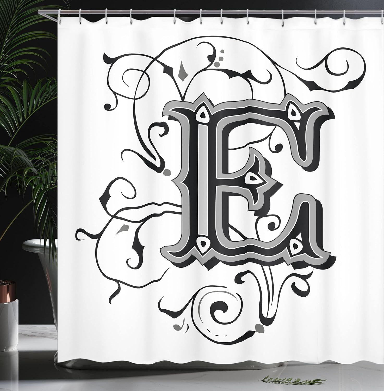 Ambesonne Letter E Shower Curtain, Capitalized E Alphabet Geometrical Design Lines Swirls Dark Color Spectrum, Cloth Fabric Bathroom Decor Set with Hooks, 69" W x 84" L, Dark Grey White