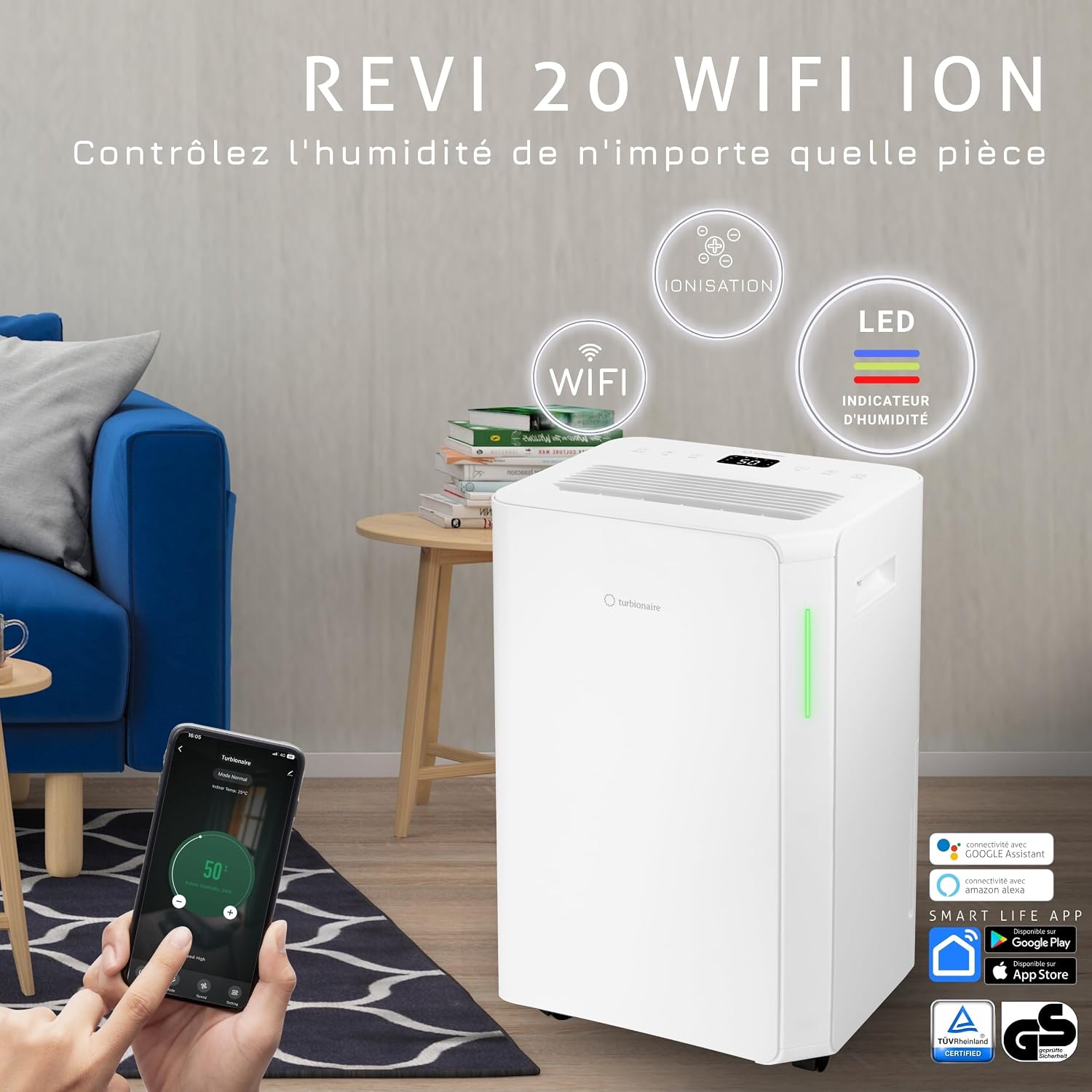 Turbionaire Revi 20 Dehumidifier in a living room with smartphone app control