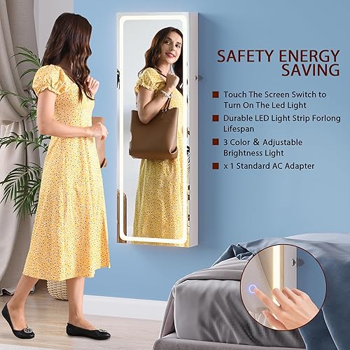 Miniatura 6 de Armario de joyería con espejo, espejo de longitud completa con almacenamiento, armario de joyería de montaje en puerta de pared con 3 luces de