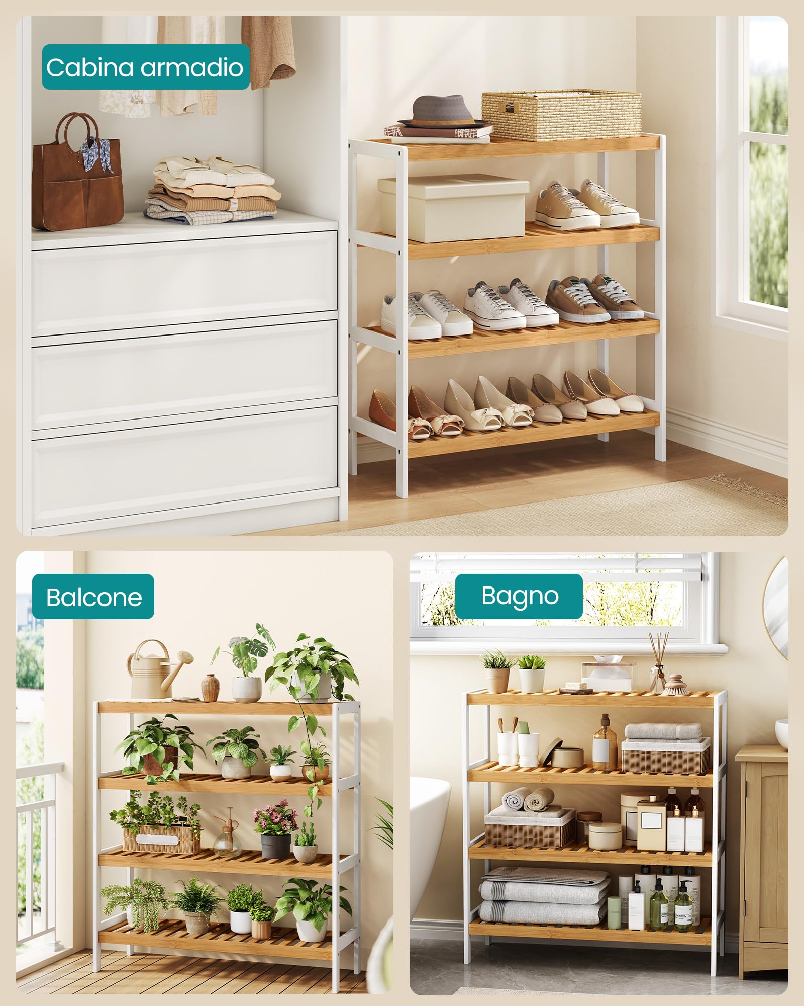 SONGMICS Scarpiera in Bambù, Scaffale Portascarpe a 4 Ripiani, Organizer per Scarpe Piante Libri, Ingresso Soggiorno Camera da Letto, 26 x 70 x 75,5 cm, Bianco e Naturale LBS007KZ01