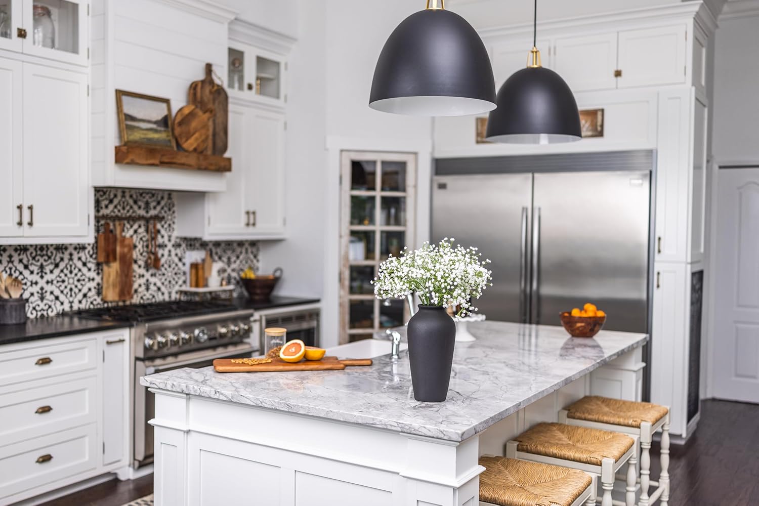 Laurel&Vine 12" Tall Black Ceramic Vase, Speckled Textured Minimalist, with 15 Stems of 22" Faux Artificial White Babys Breath, Farmhouse Console Centerpiece Decor, Real Touch Fake Flowers in Vase