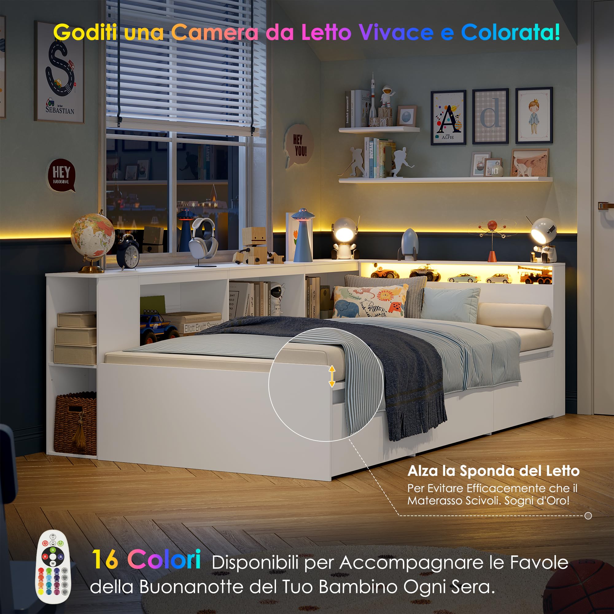 FOREHILL 90x200 cm Letto Montessori Bambini con Luci a LED, Letti Bambini con Libreria, Letto Singolo con 3 Cassetti e Scomparti Aperta, Letto da Adolescente, (Materasso non Incluso), Bianco